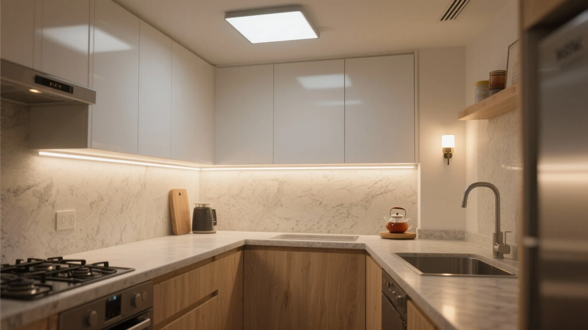 1) Layered task + ambient lighting with dimmable control