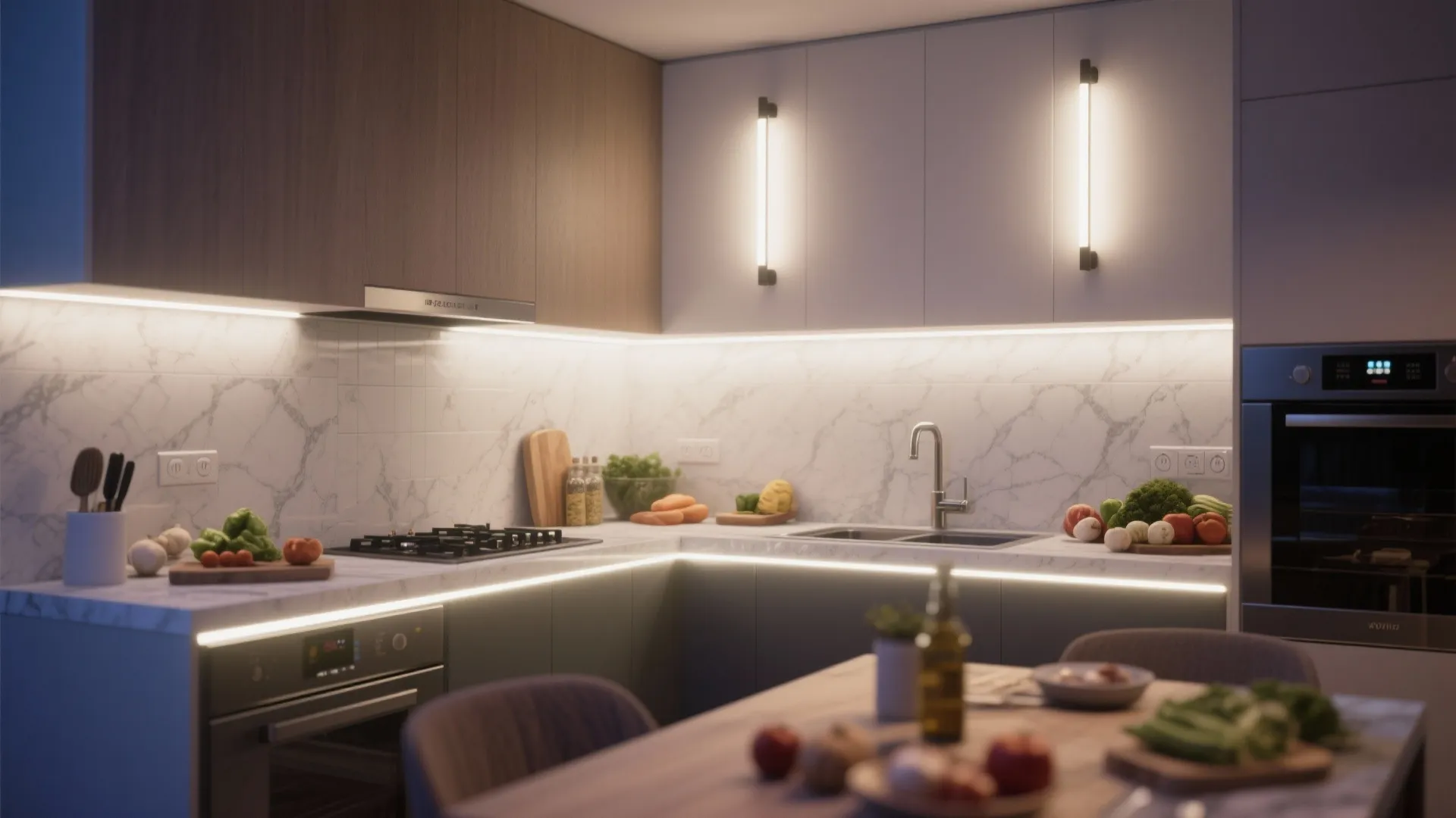 5) Layered Light: Pair Double Sconces with Under-Cabinet LEDs