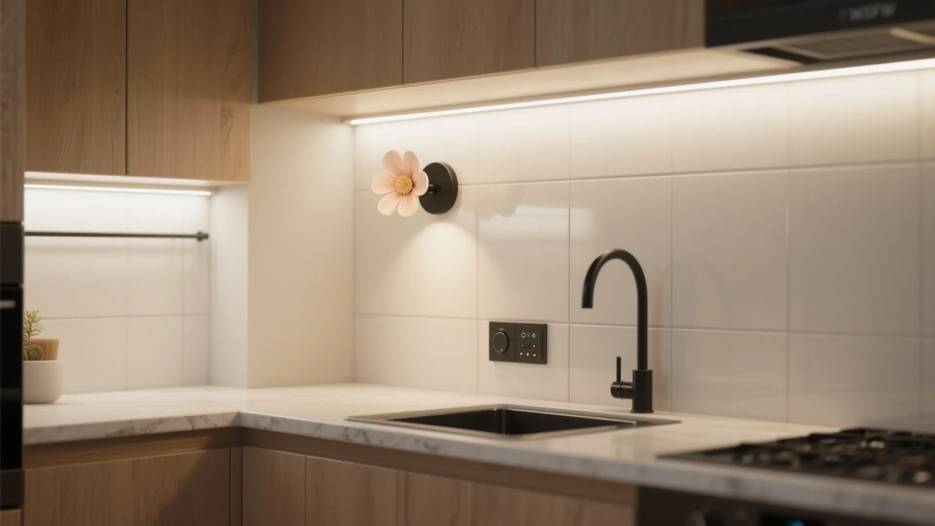 Layered Lighting: Flower Sconces + Under-Cabinet LEDs