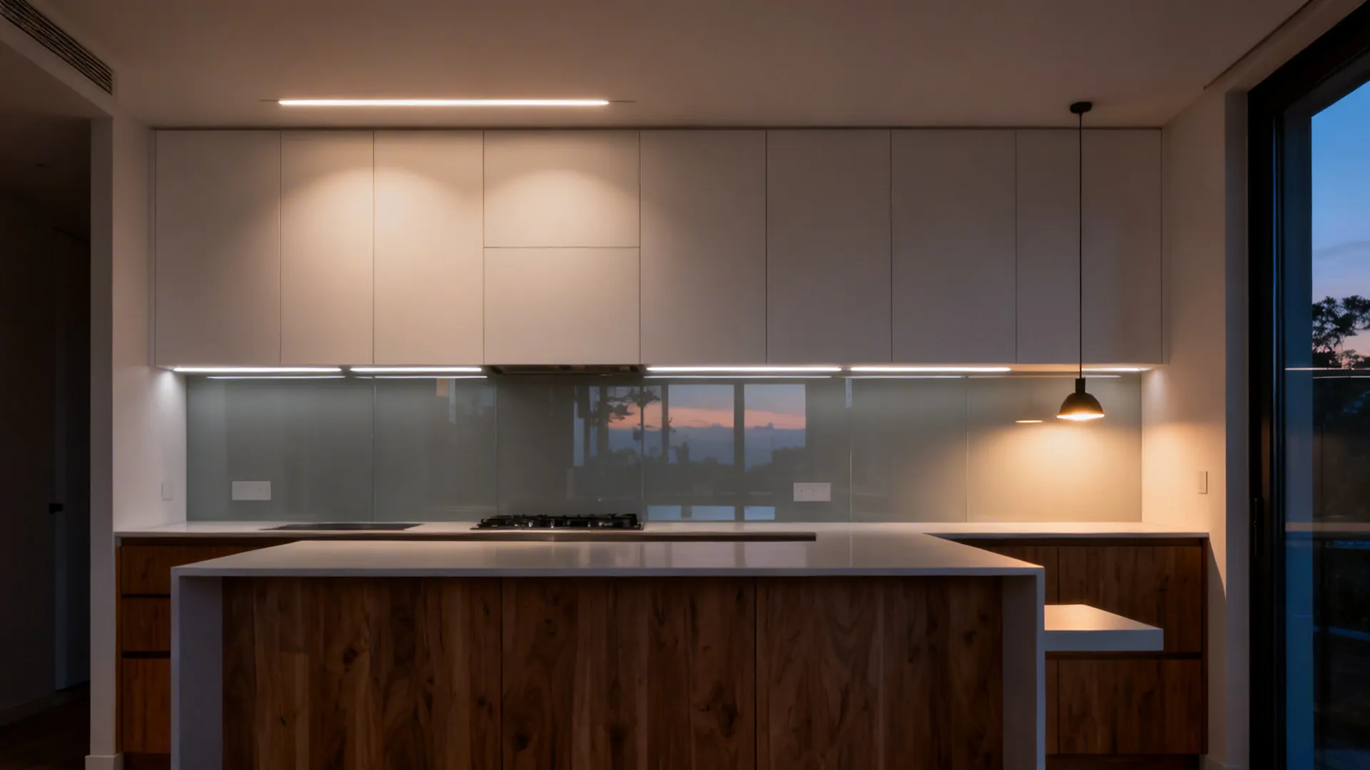 Compact kitchen at dusk with ambient ceiling lights, under-cabinet task LEDs, and a cozy pendant.