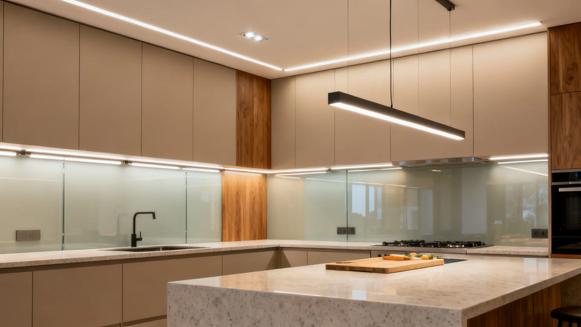 Kitchen with under-cabinet task lights, soft ceiling wash, and a linear pendant accent.