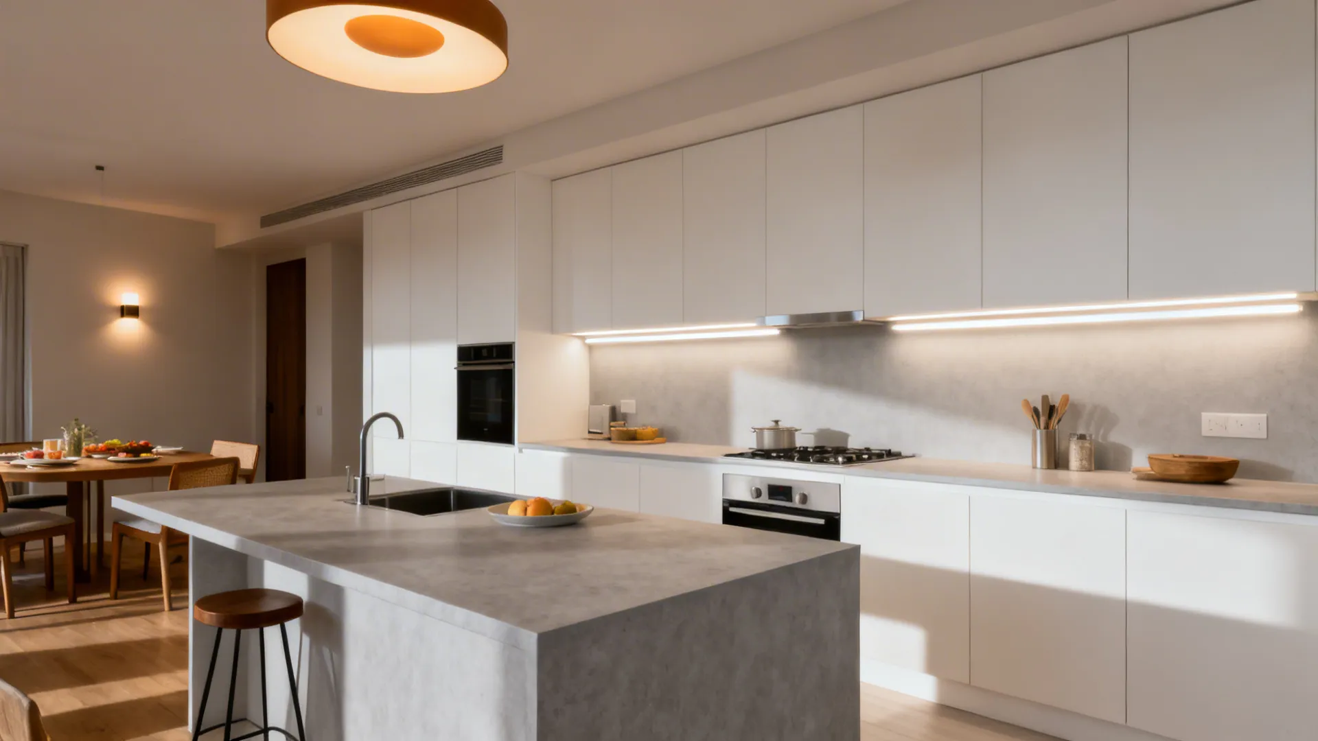 Modern white kitchen with island grey stone countertop led strip lights and large ceiling light