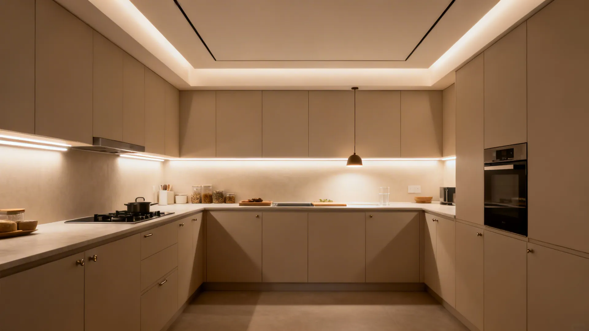 Small L-shaped kitchen with under-cabinet LEDs, flush ceiling light, and a single pendant.