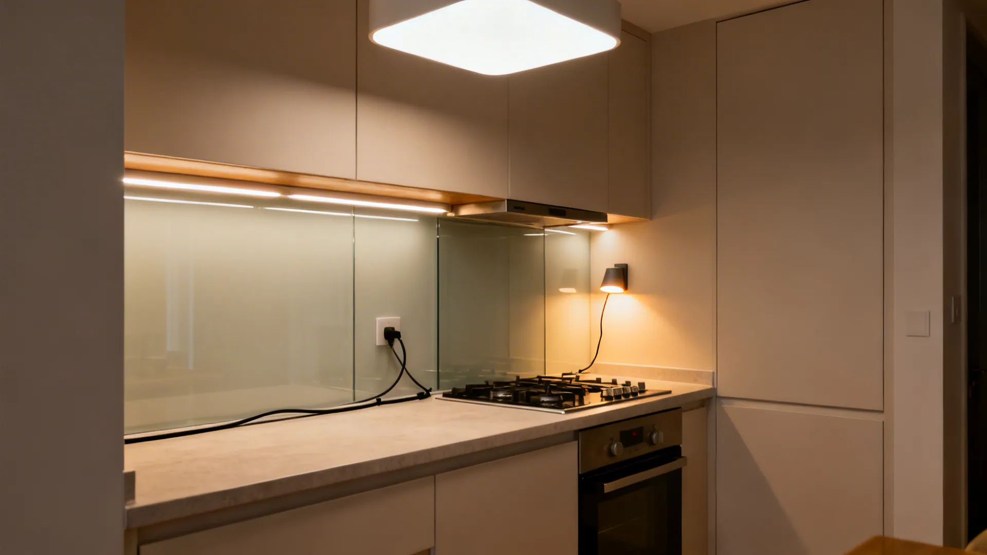 Small kitchen with overhead light, under-shelf LED strips, and a sconce near the cooktop.
