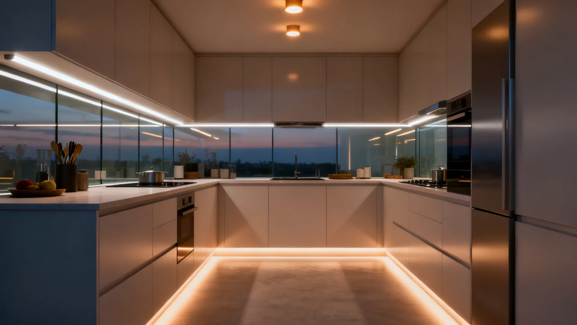 Small L-shaped kitchen with task strips, warm ambient lights, and toe-kick LED glow.