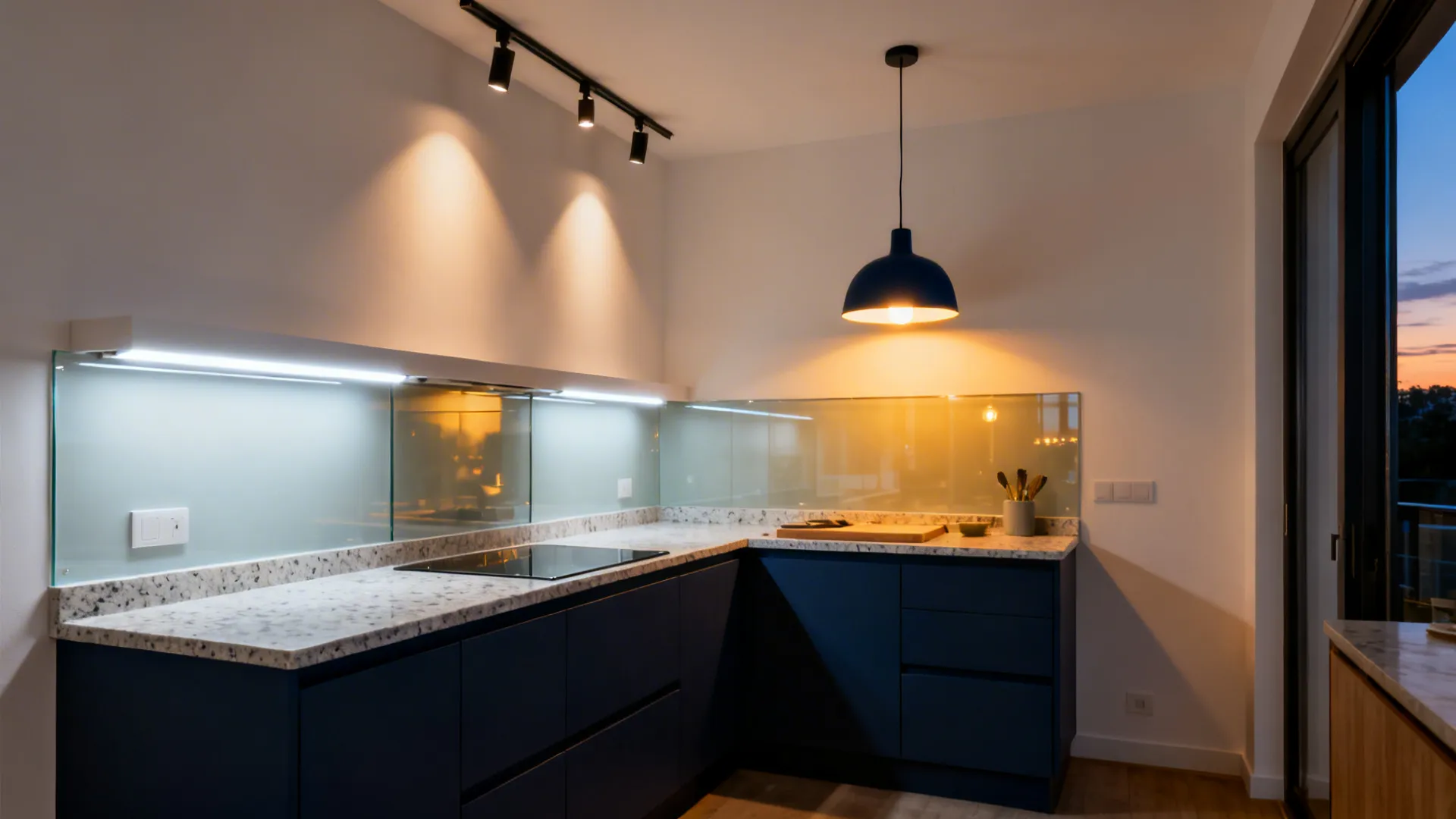 Small kitchen with under-cabinet task lights, ambient track, and a navy pendant over prep.