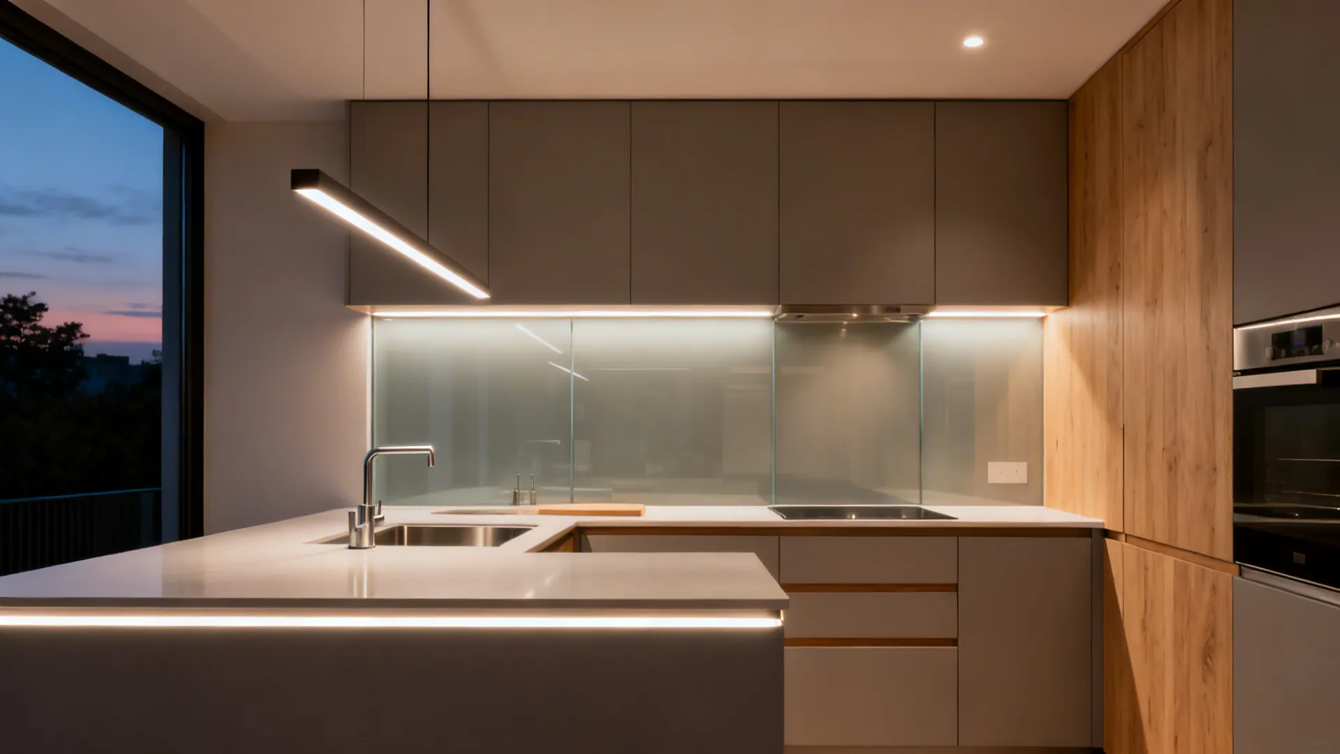 Compact kitchen with under-cabinet LEDs and a slim pendant washing a slim countertop with warm light.