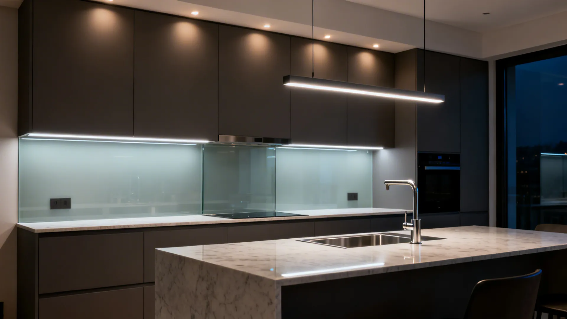 Dark kitchen island with marble countertop, sink, hanging light fixture, and warm under cabinet lights