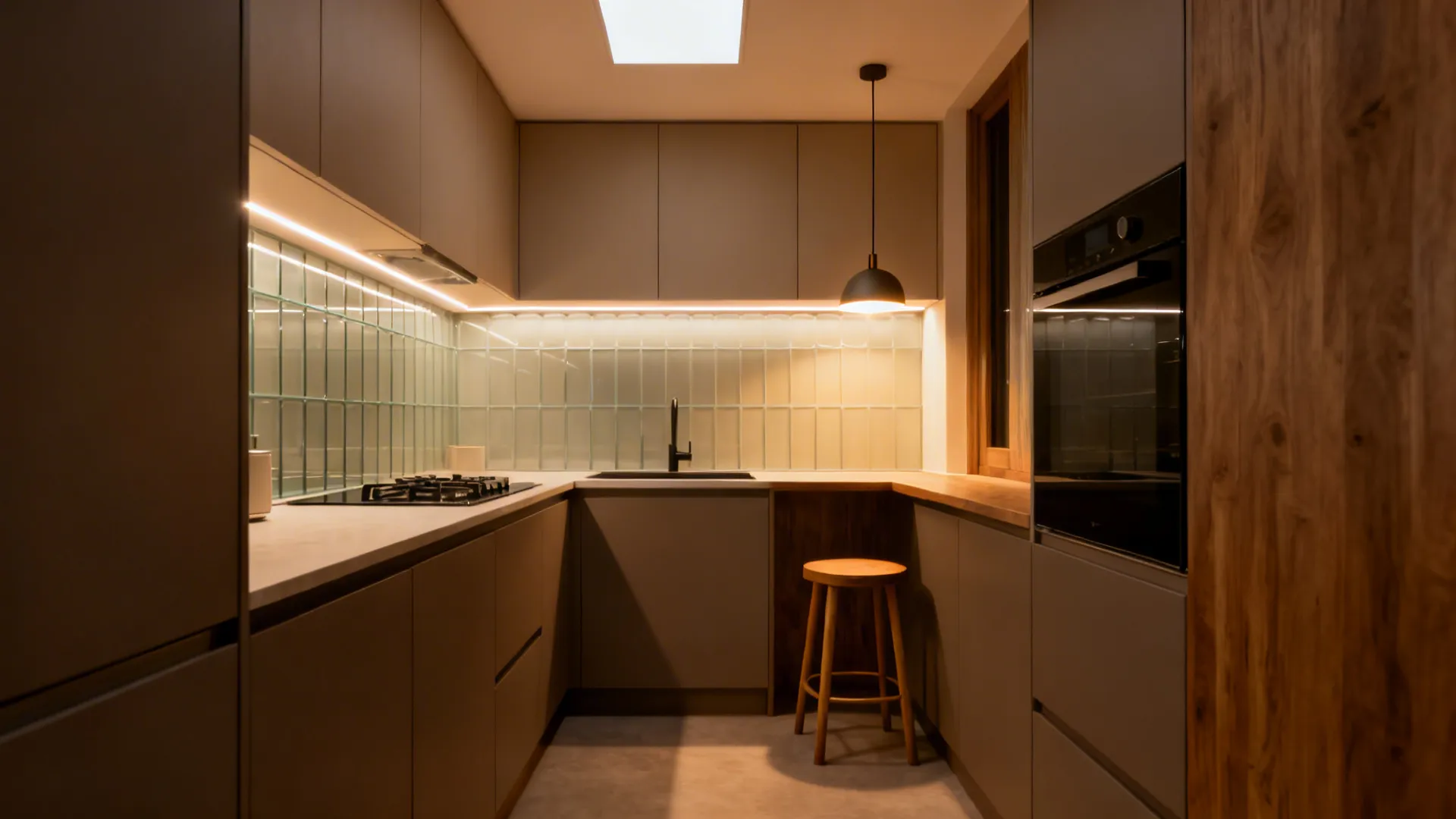 Small kitchen with ambient ceiling light, under-cabinet LEDs, and a dimmable pendant creating layered lighting.