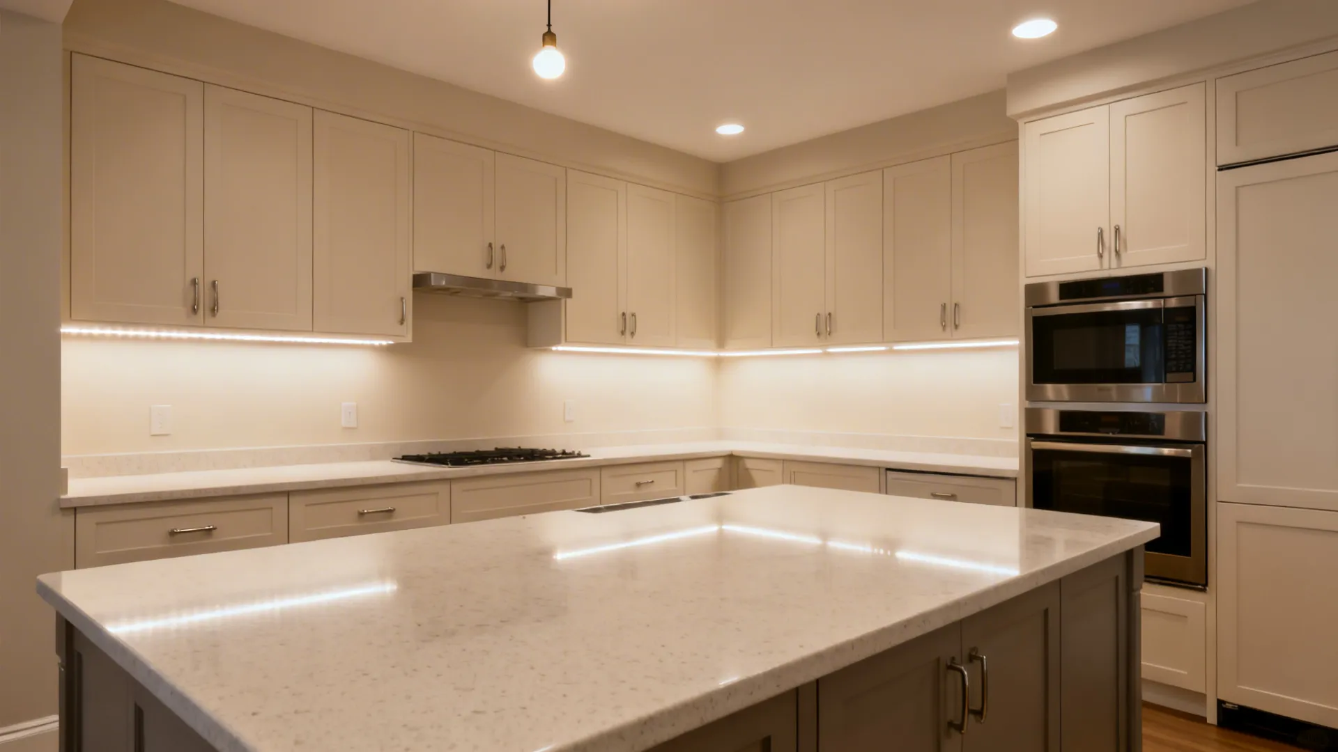 Layered lighting and pale, low-sheen finishes