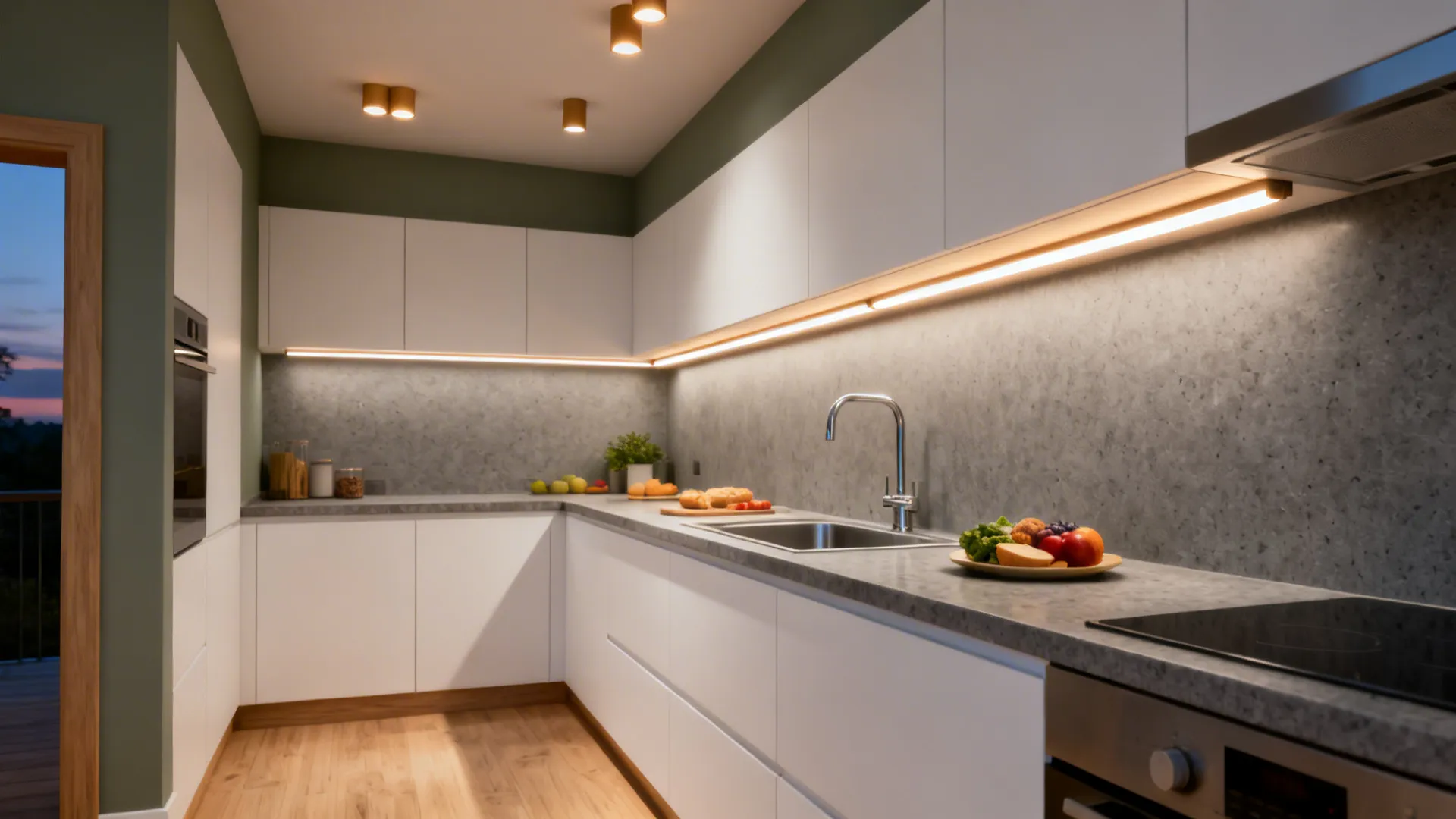 Modern kitchen with white cabinets grey counters warm under cabinet lights and small ceiling light fixtures