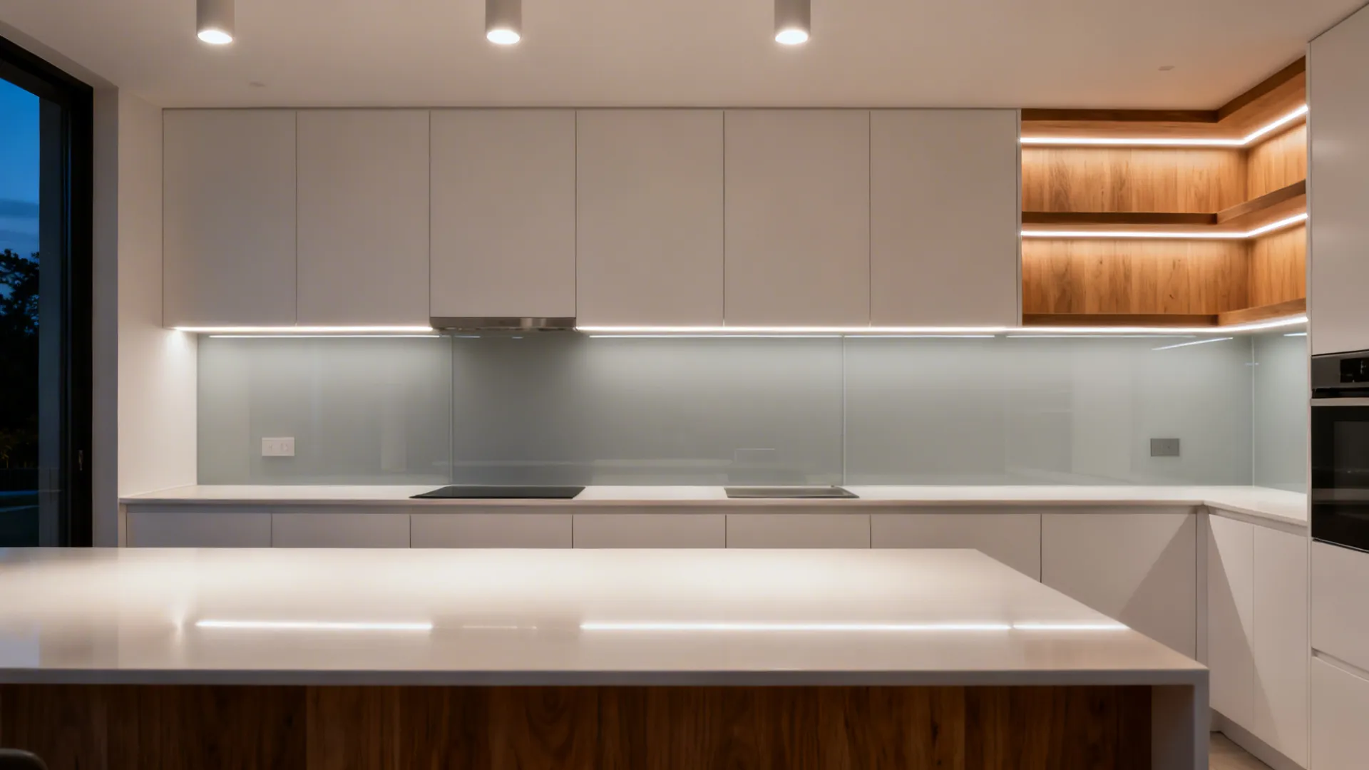Small kitchen showing ambient ceiling lights, under-cabinet LEDs, and shelf accent lighting.