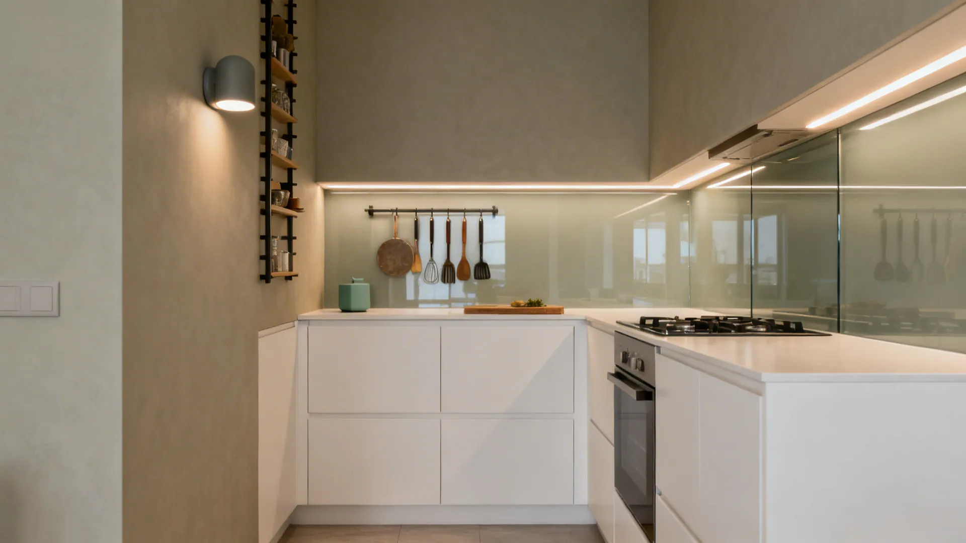 Small kitchen with warm under-cabinet LEDs, a matte sconce, and a tidy vertical rail.