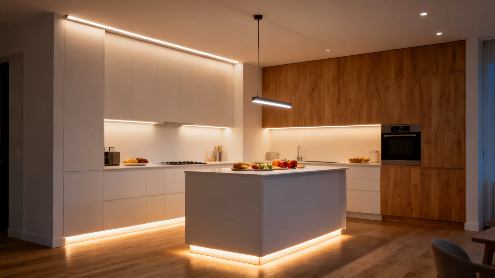 Small kitchen with under-cabinet LEDs, a linear pendant, ambient light, and toe-kick accents.