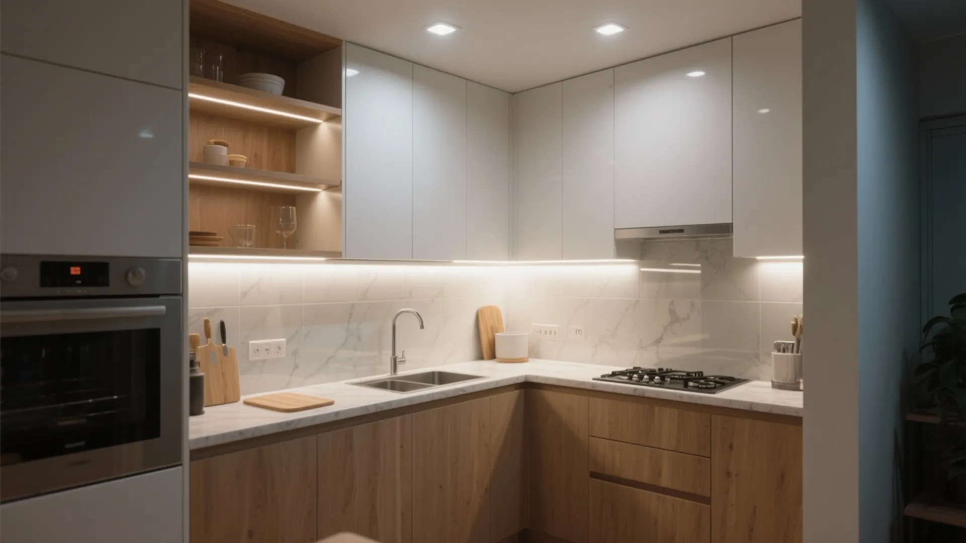 Under-cabinet task LEDs and dimmable ceiling ambient lights layered in a compact L-shaped kitchen.