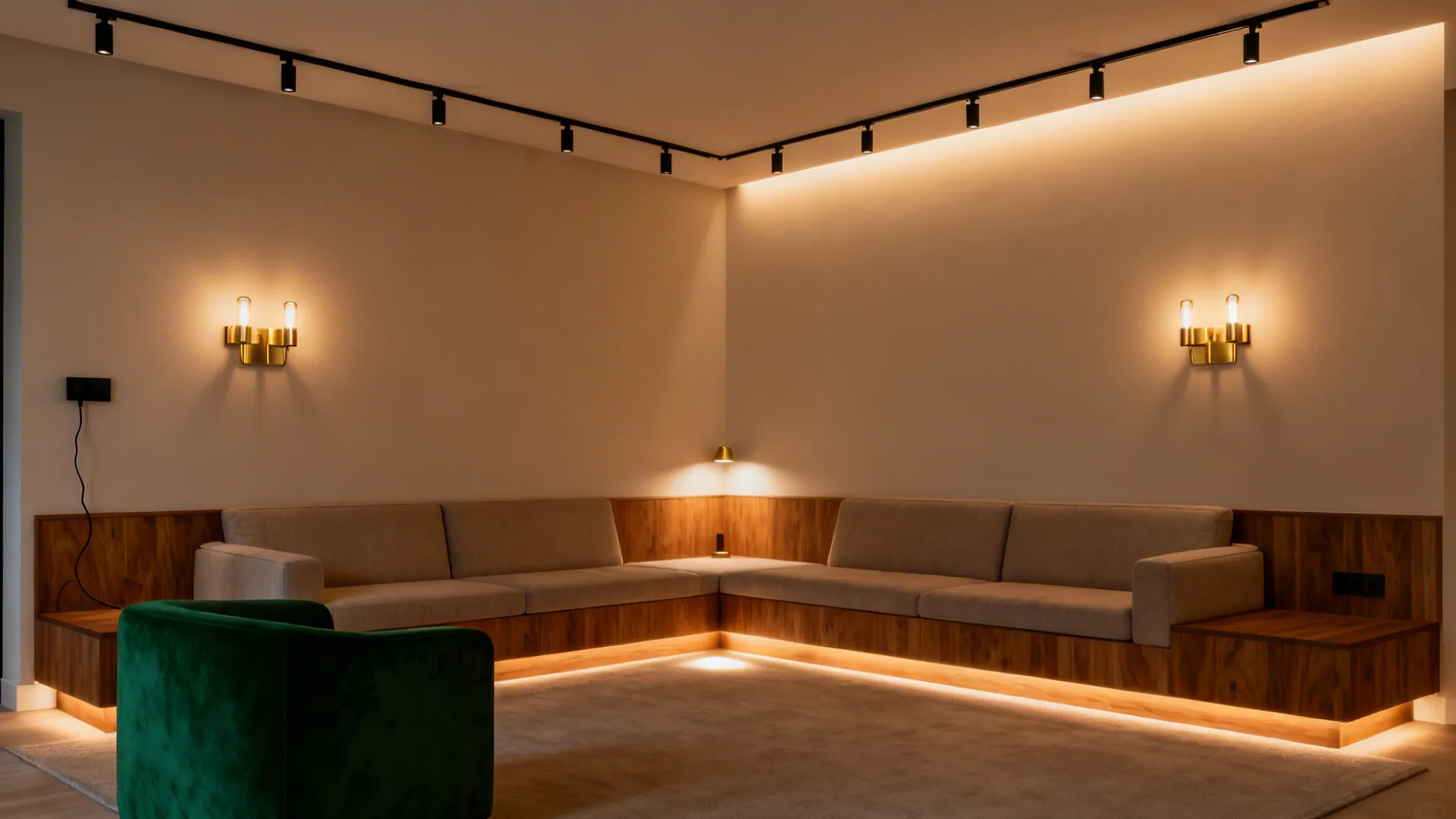 L-shaped living room at dusk with track lights, sconces, and a corner uplight creating warm layers.