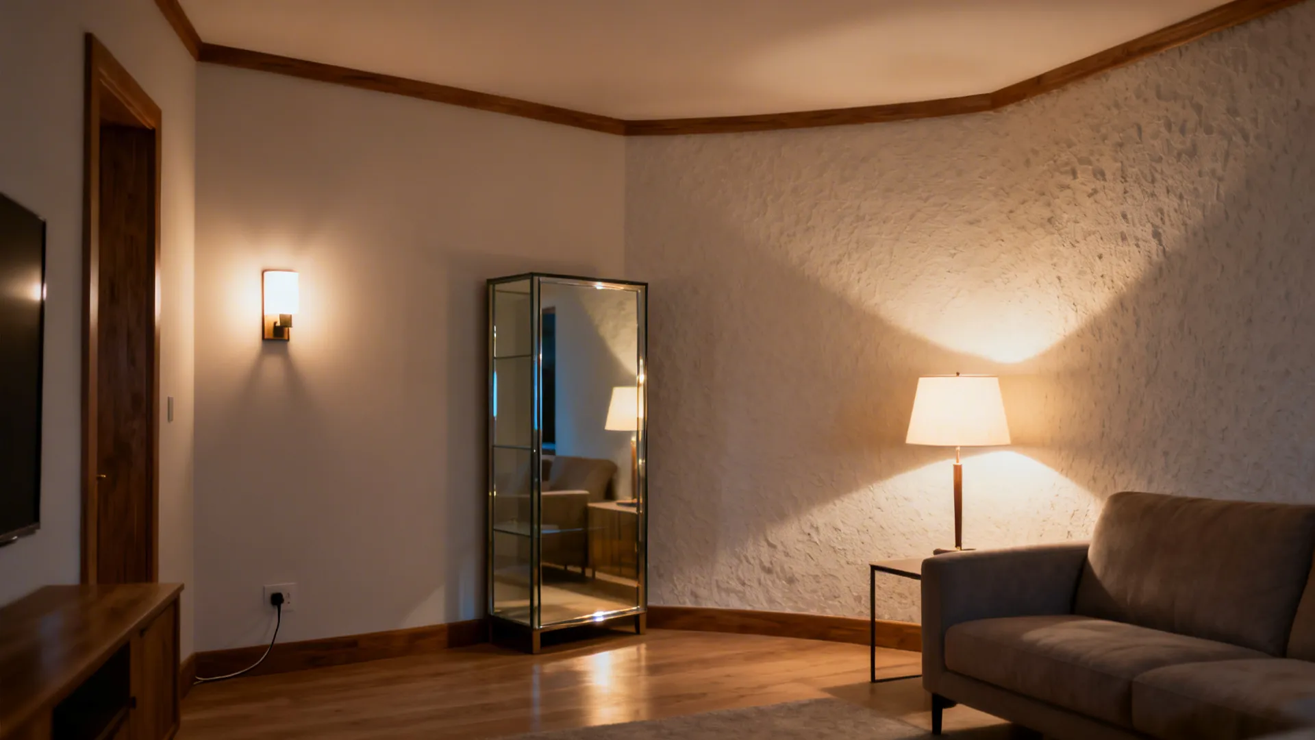 Layered lighting with plug-in sconce, task lamp, and subtle reflections in a small L-shaped room.