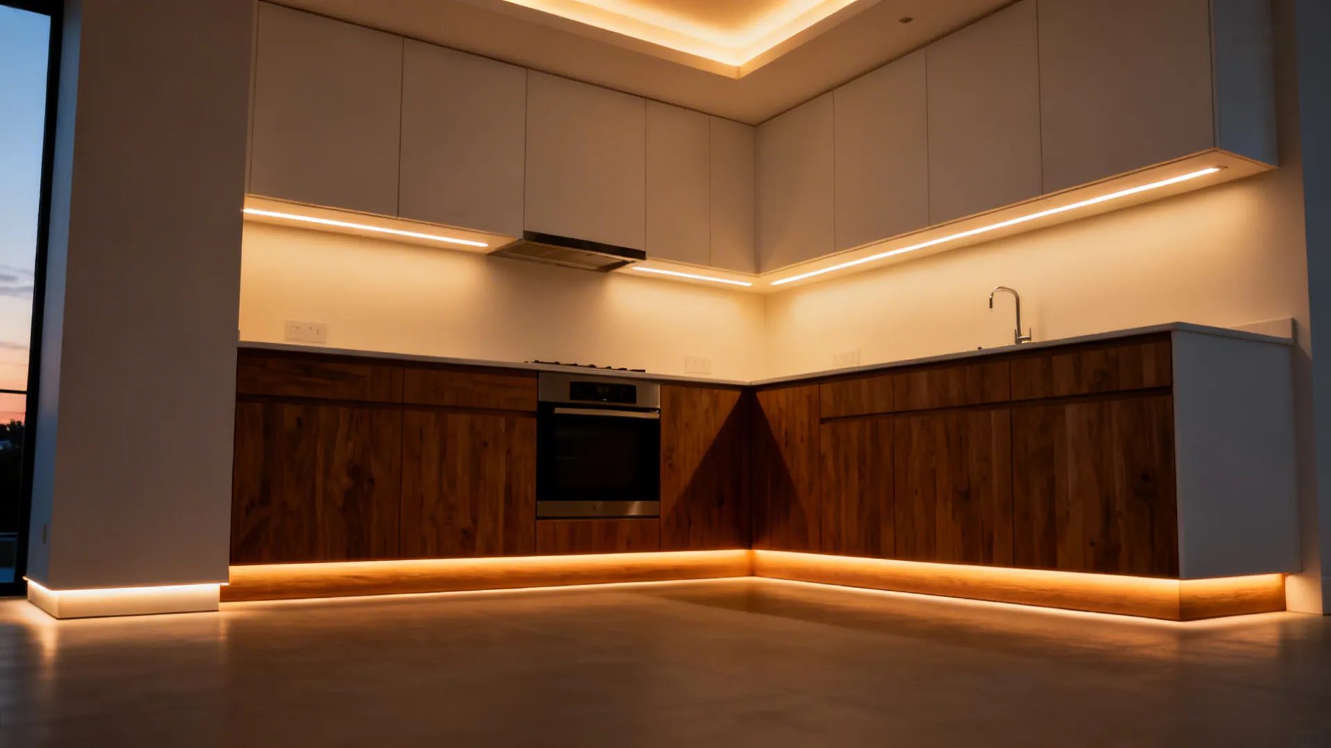 Evening view of an L-shaped kitchen with under-cabinet, ambient, and toe-kick lighting layers.