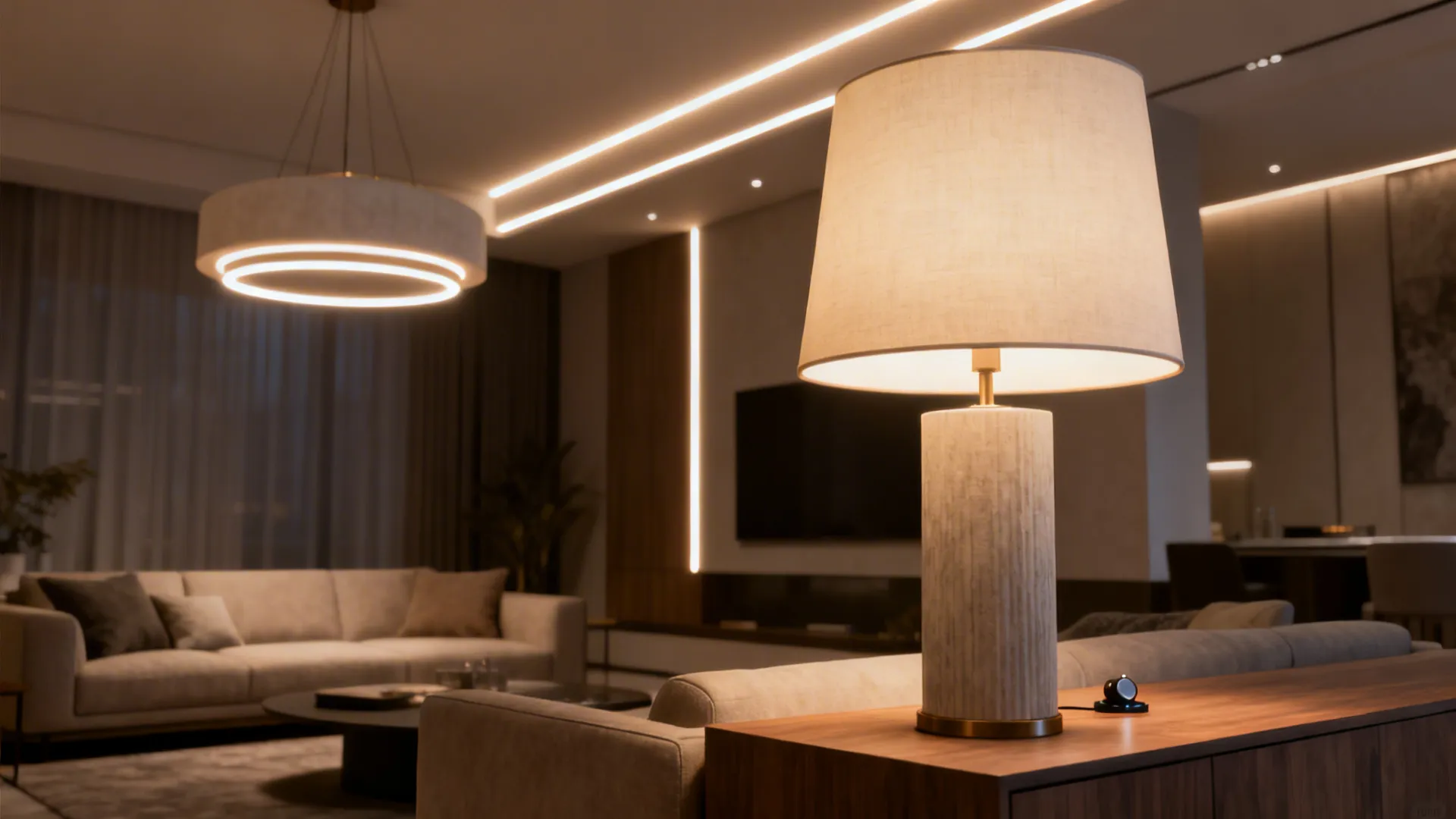 Living room demonstrating layered lighting with an oversized lamp on a dimmer and overhead lighting.