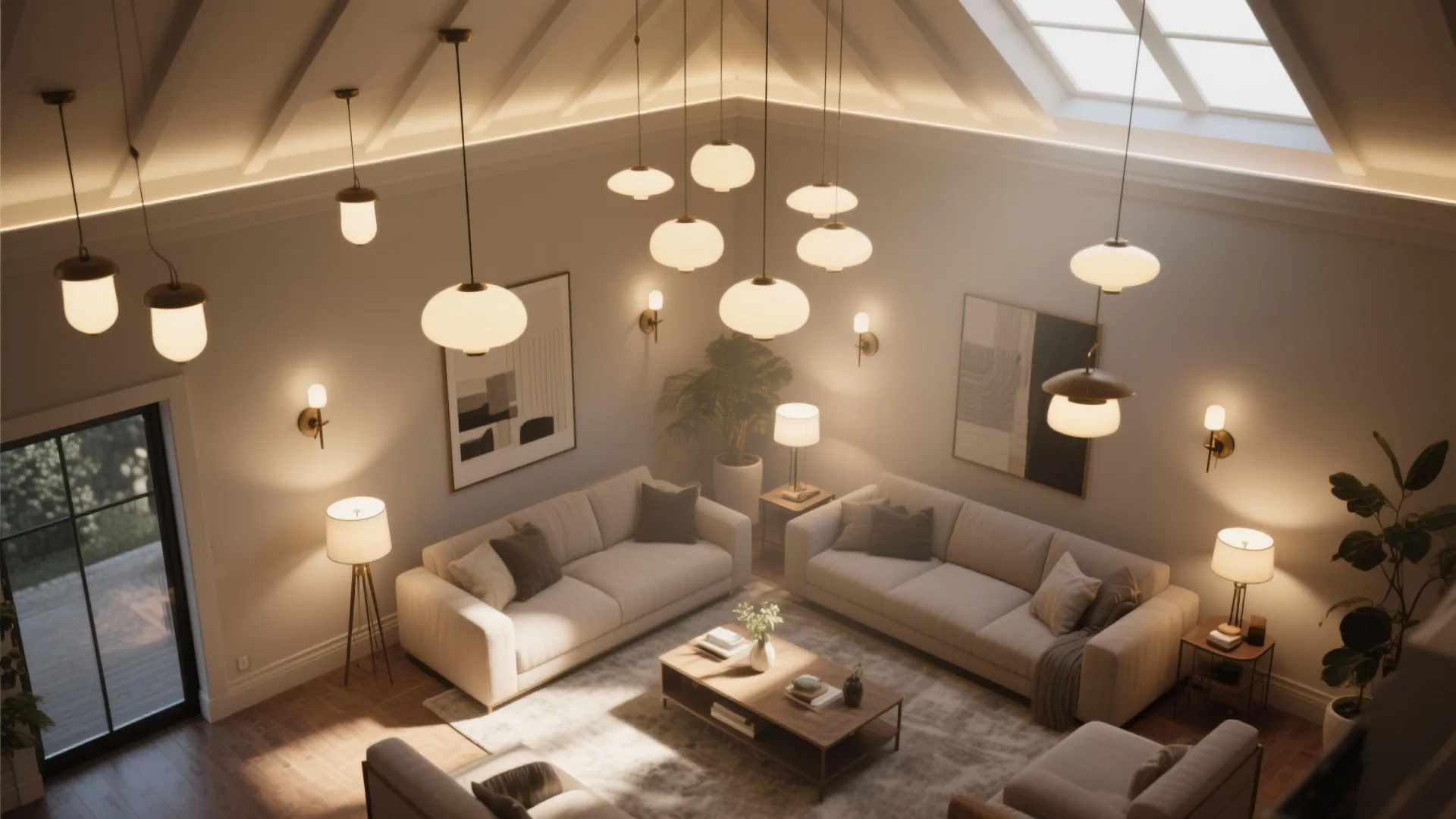 Living room with high ceiling, many hanging ceiling lights, wall lights, sofas, and coffee table rug