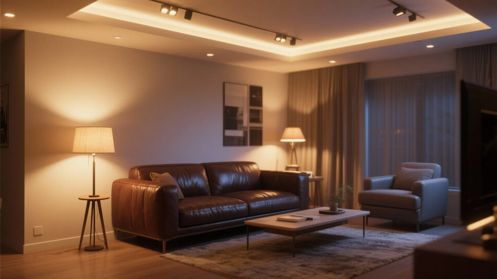 Cozy living room with layered lighting around a dark leather sofa