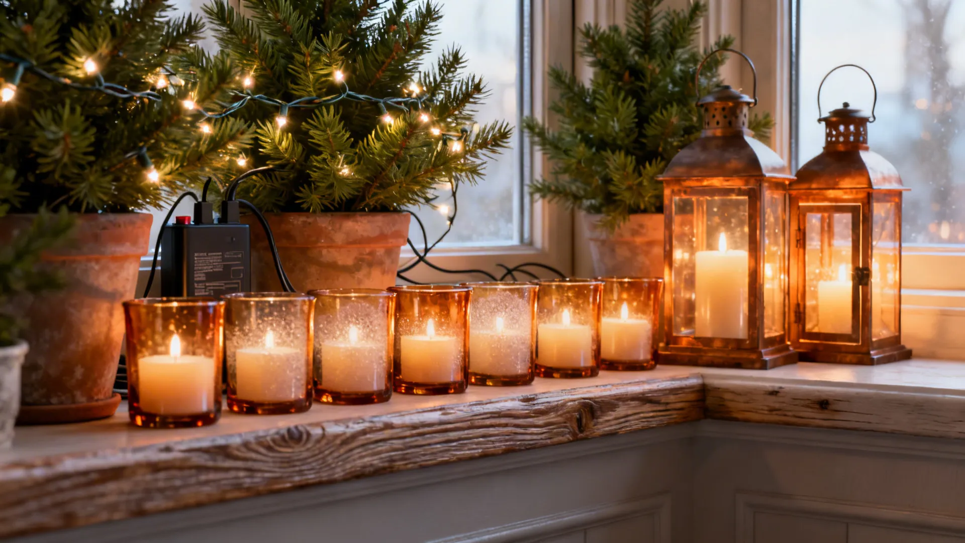 Close-up of a bay window ledge with string lights, battery candles, and lanterns behind potted evergreens.