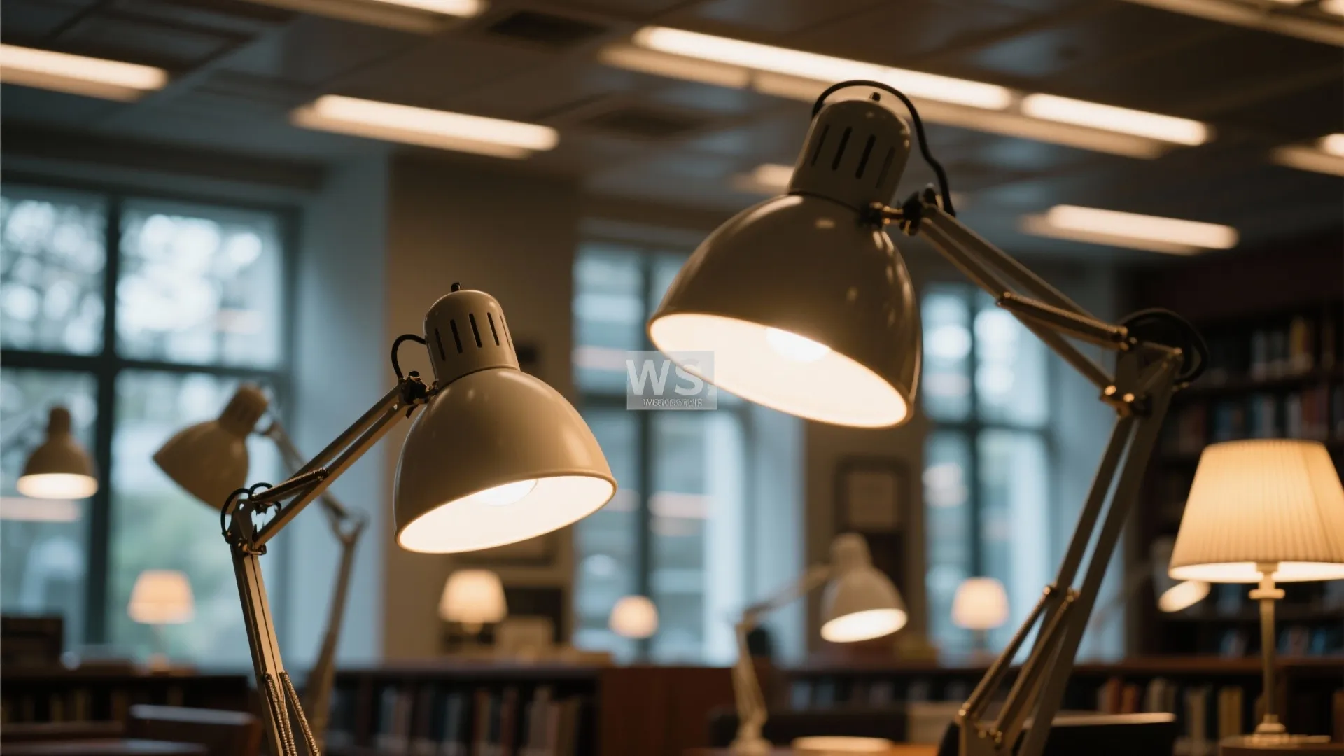 Close up view of several desk lamps lighting up a dark room with large windows