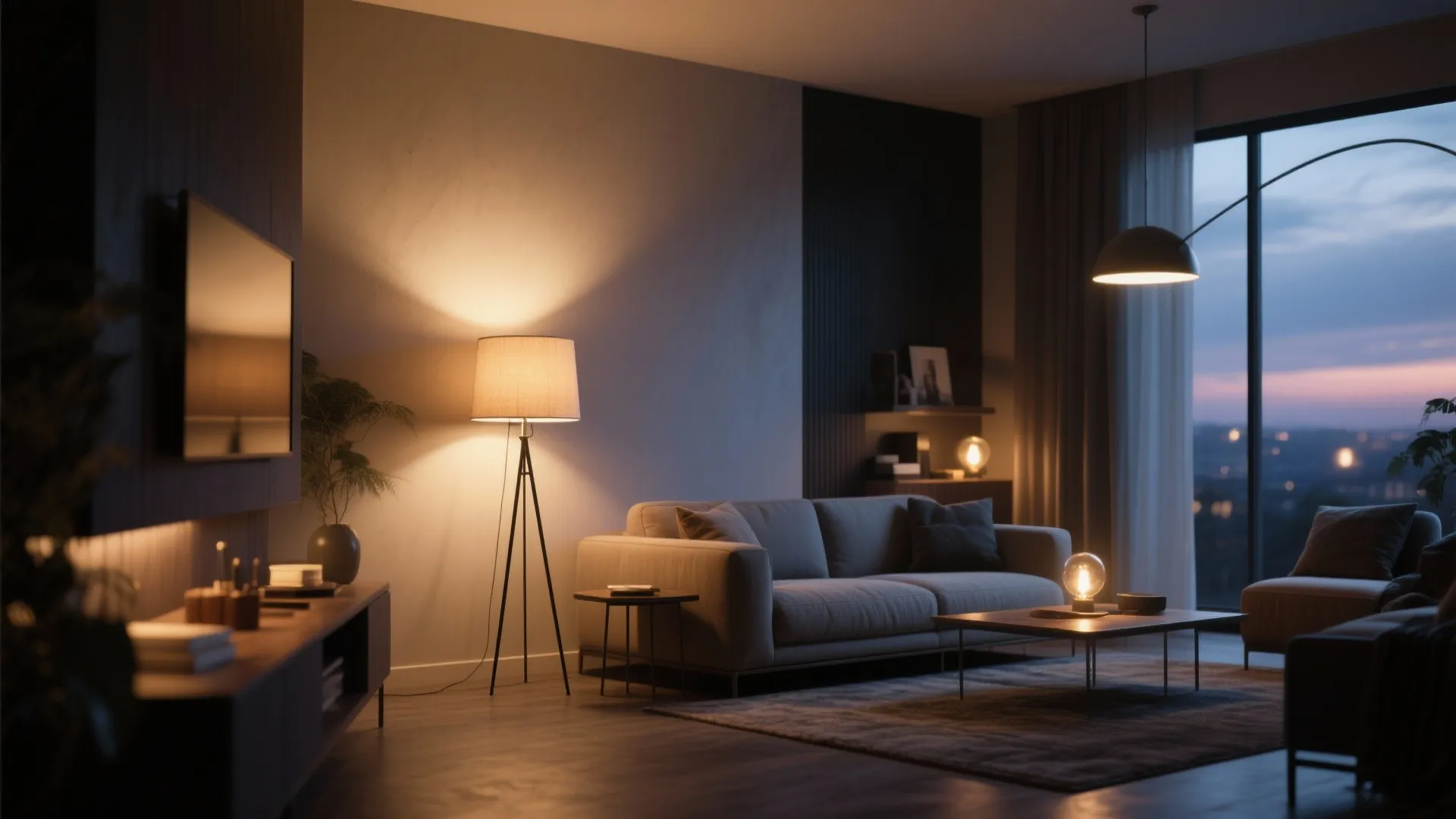 Cozy living room with floor lamp table lamp ceiling light warm lighting sofa and evening view