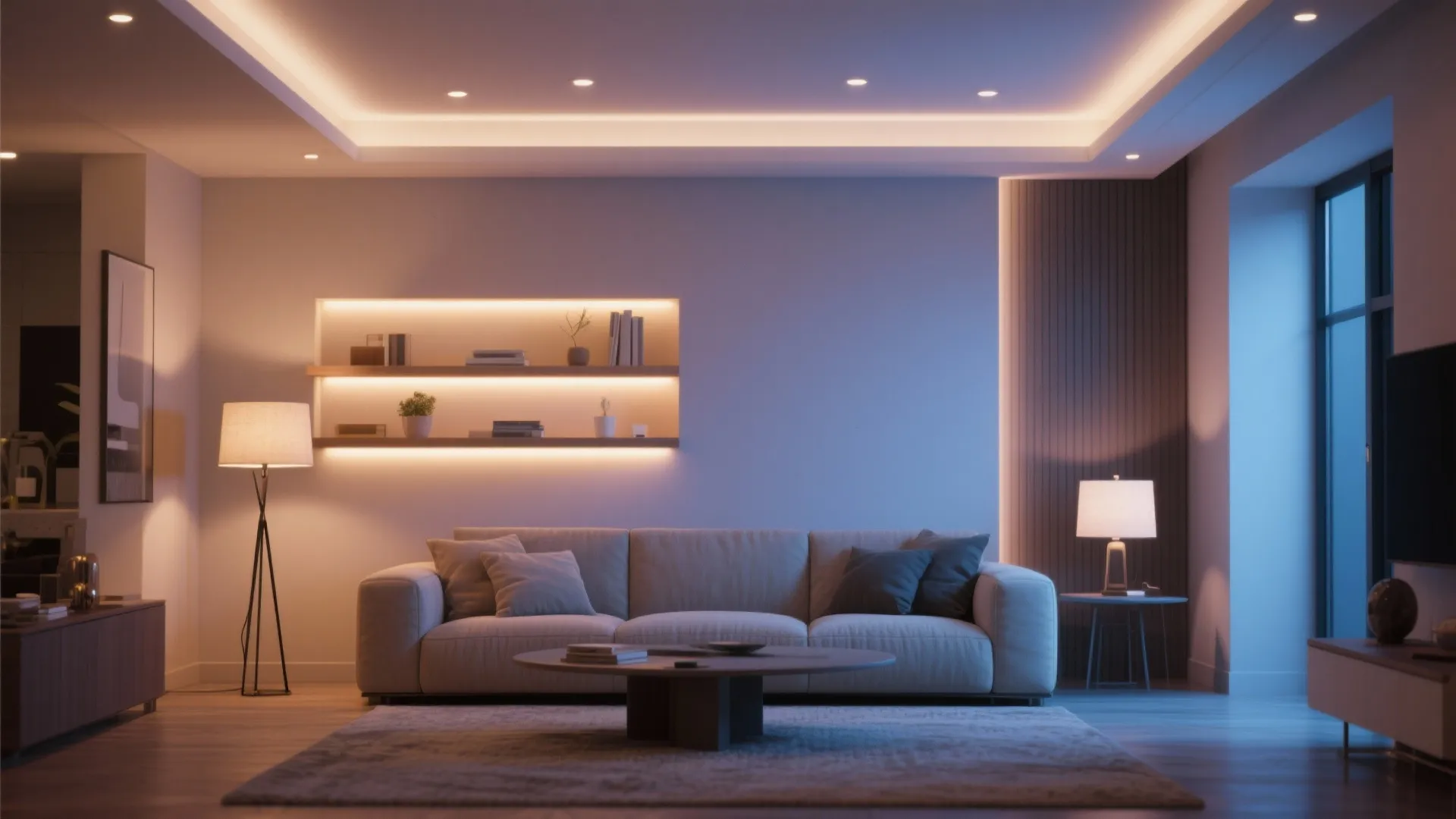 Living room with warm hidden ceiling light shelf lights floor lamp and grey sofa at night