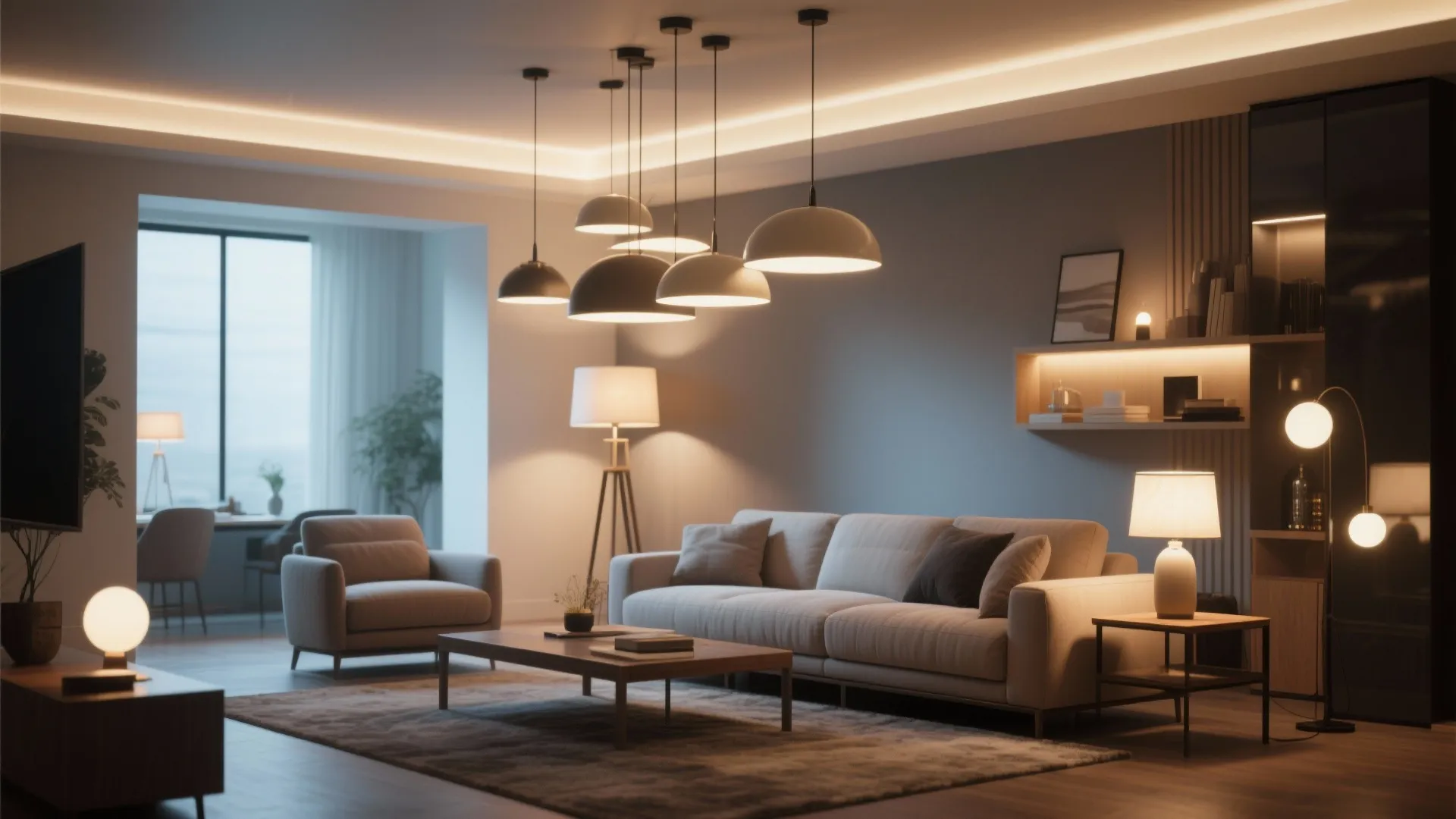 Cozy living room with several hanging ceiling lights and floor lamps creating a warm atmosphere tonight
