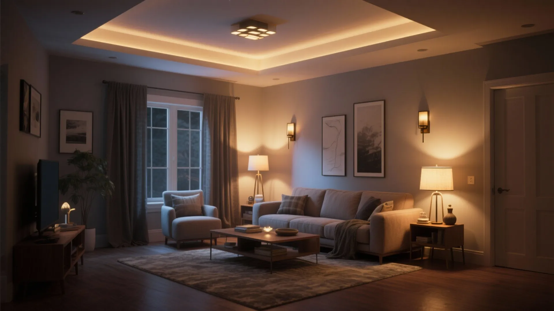 Modern living room with grey sofa armchair wooden coffee table rug wall lights and ceiling light