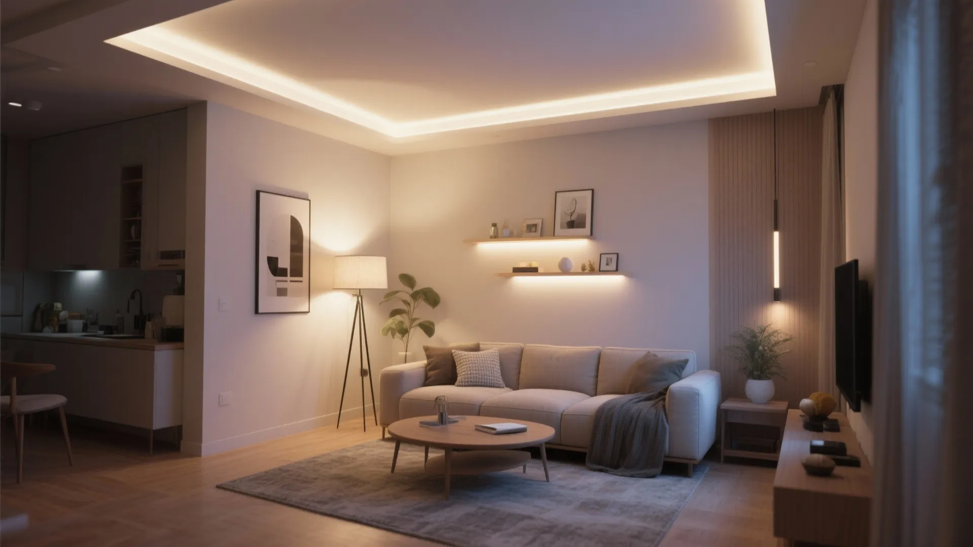 Modern living room with hidden ceiling lights floor lamp wall lights and cozy grey fabric sofa