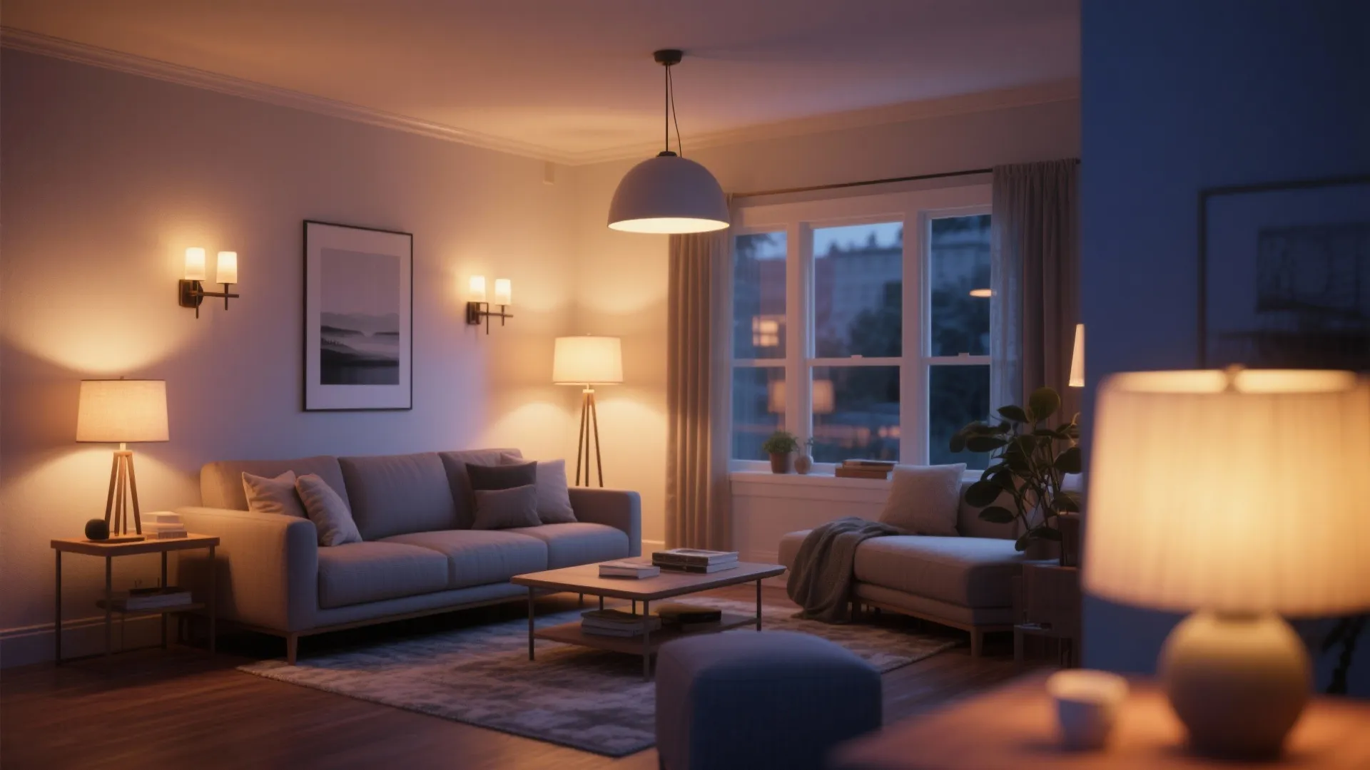Living room with grey sofa coffee table floor lamp wall lights and warm soft light