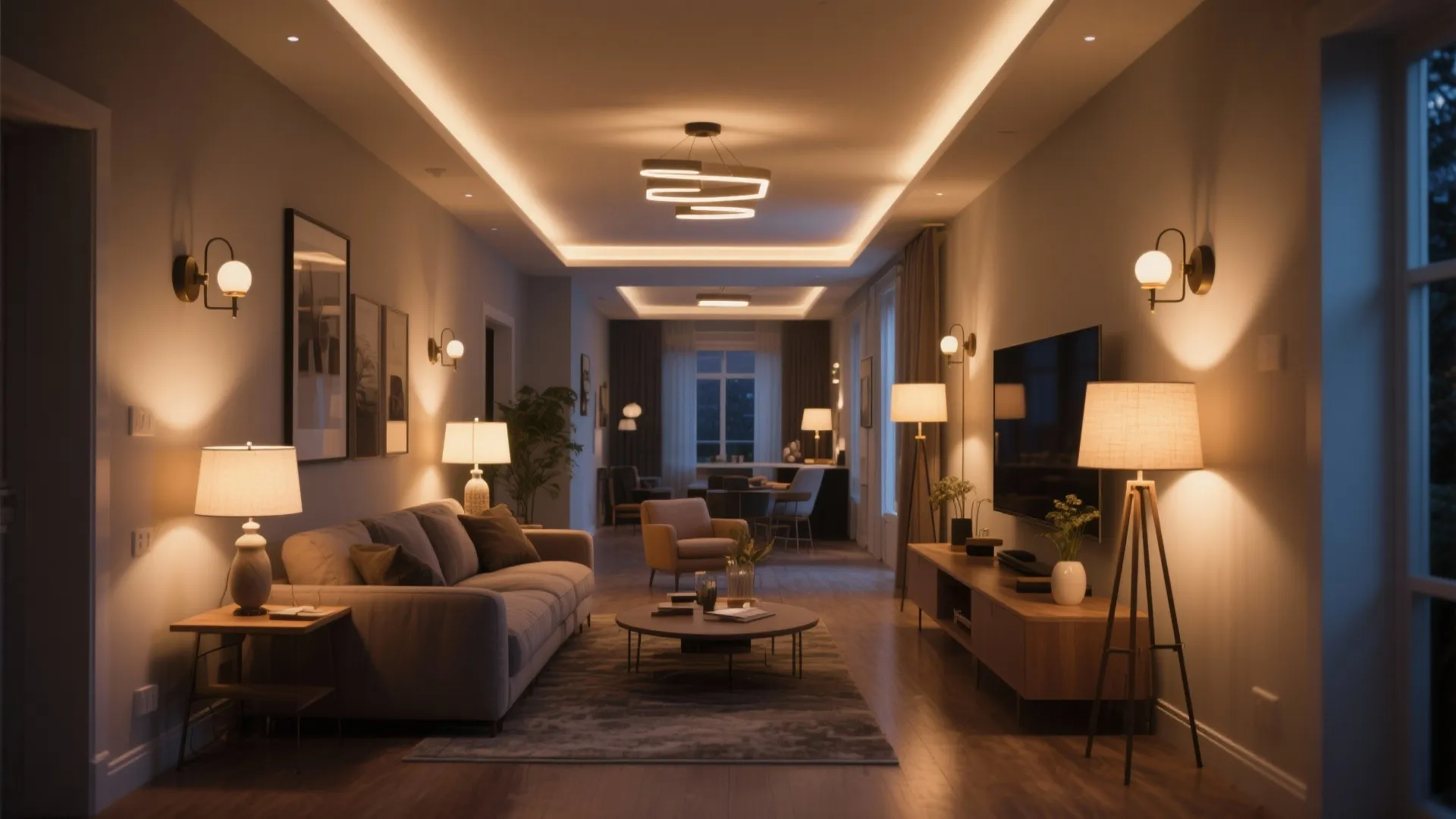 Cozy living room with warm layered lighting including ceiling light floor lamp and wall light