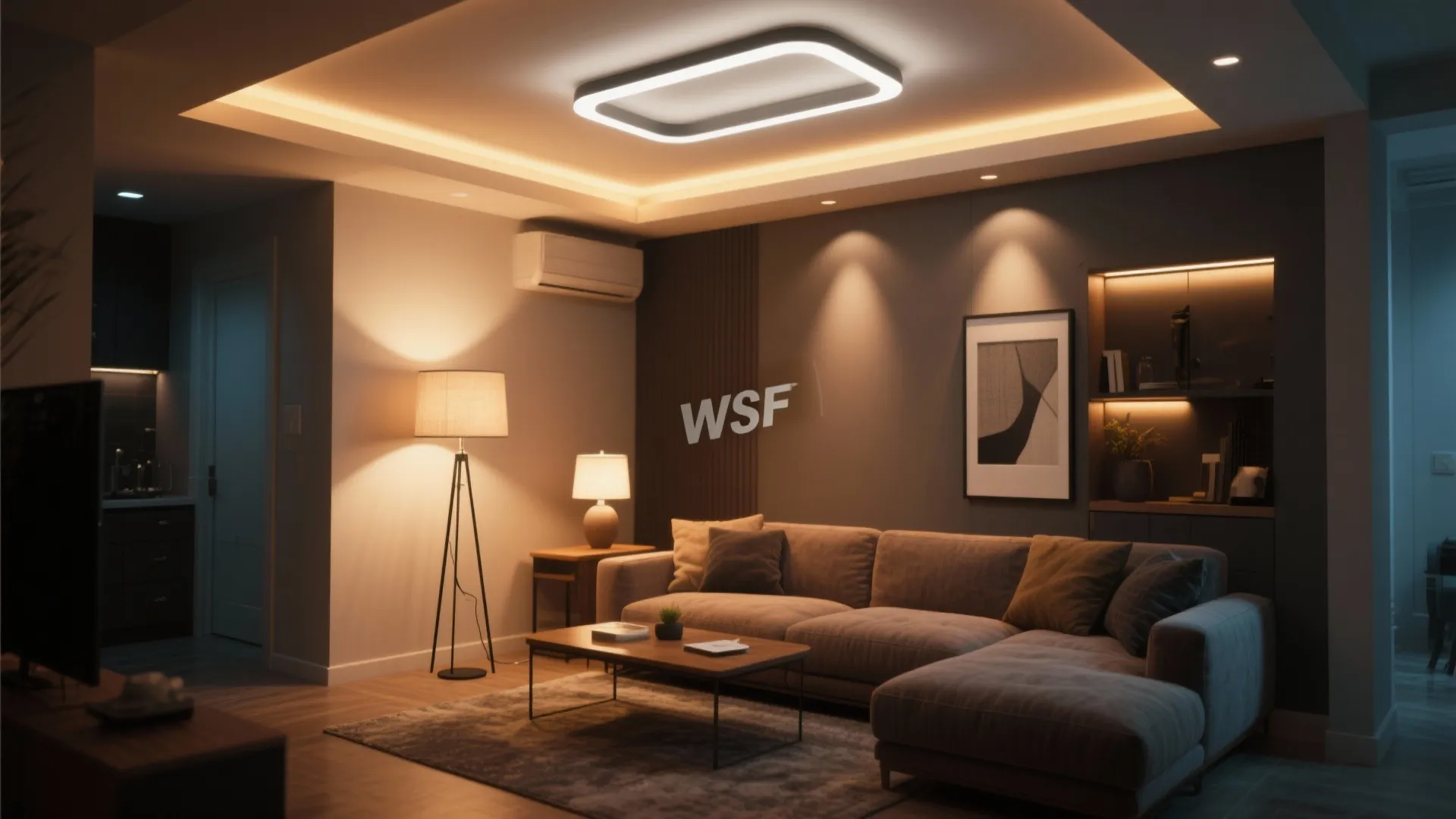 Cozy living room with warm layered lighting including ceiling light floor lamp and hidden wall lights