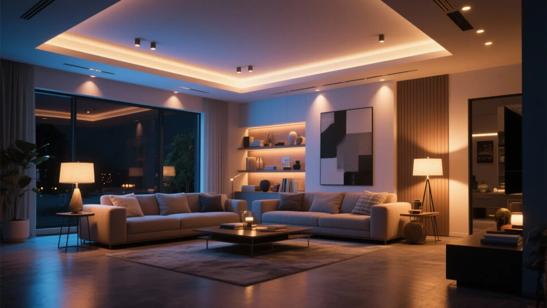 Living room with layered ambient, task, and accent lighting