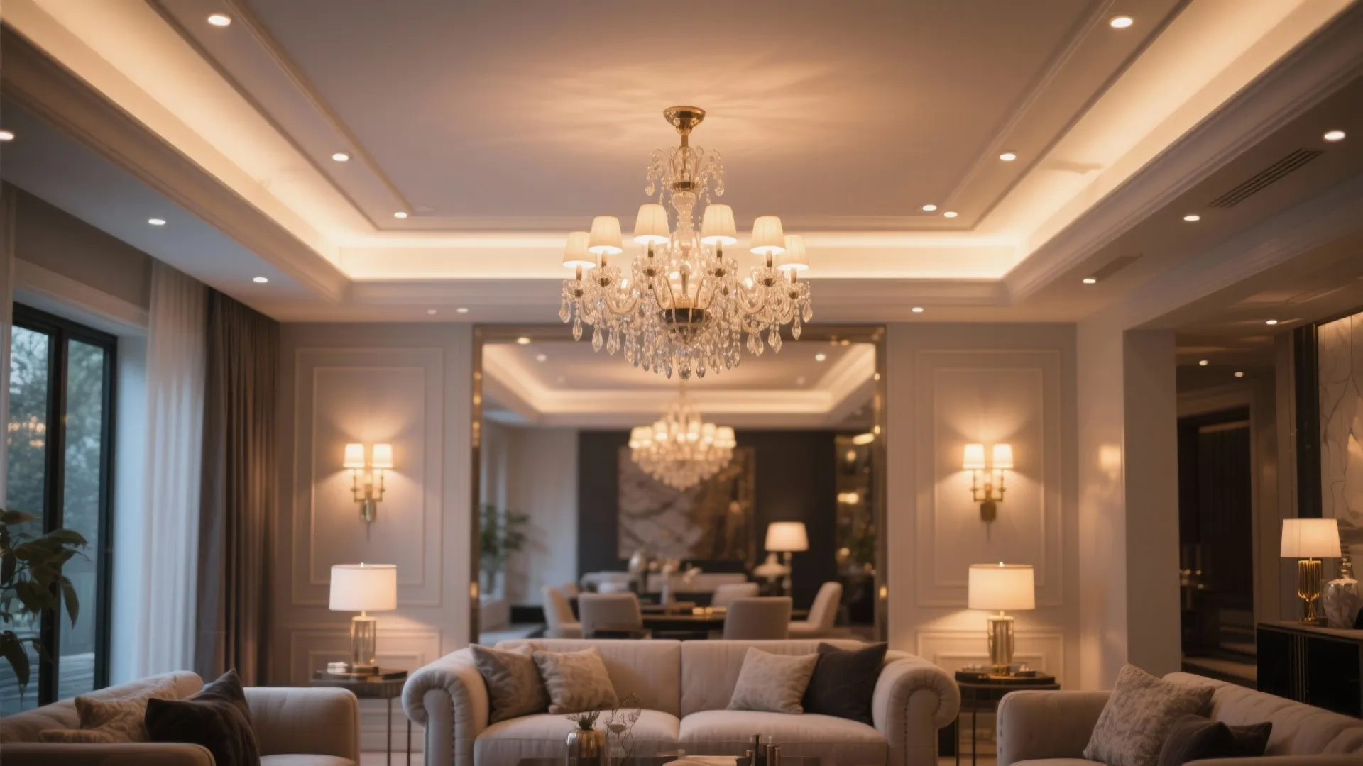 Luxury living room with crystal ceiling light wall light fixtures table lamps and warm ceiling