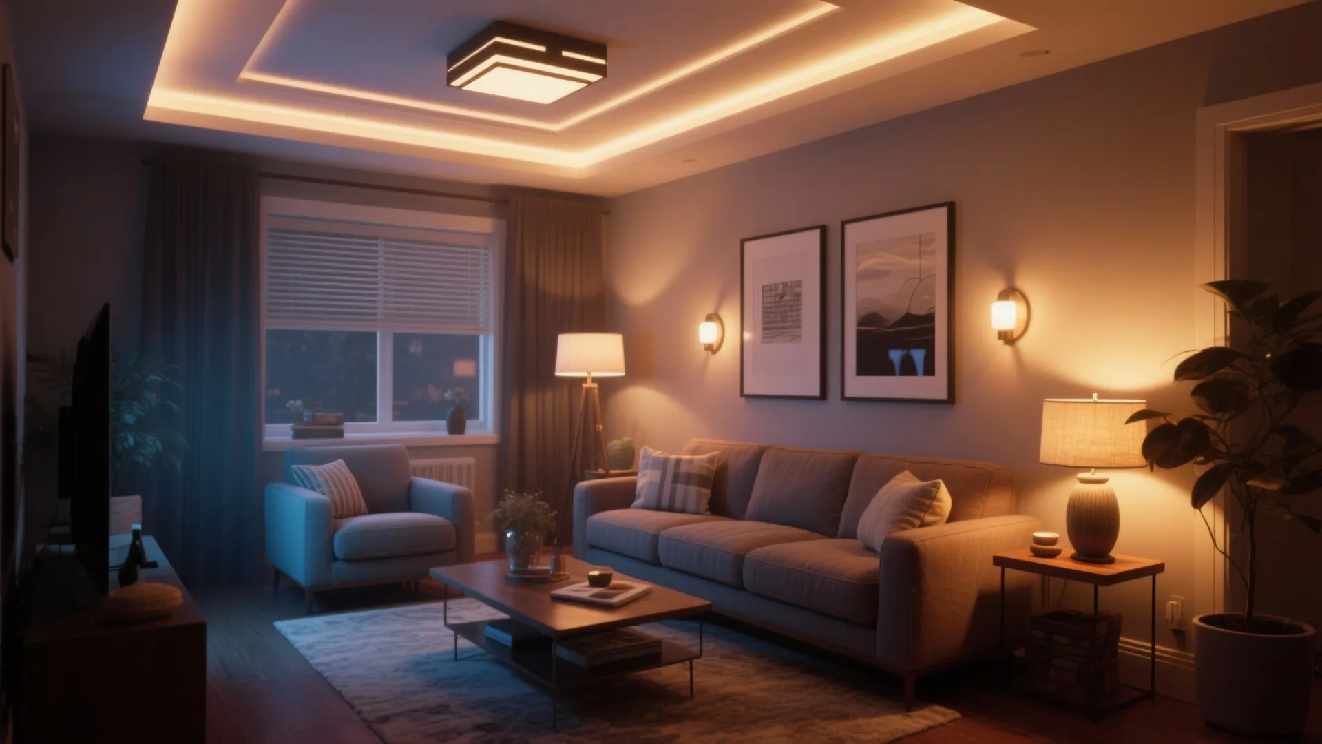 Cozy living room with grey sofa warm ceiling light wall lights and a floor lamp