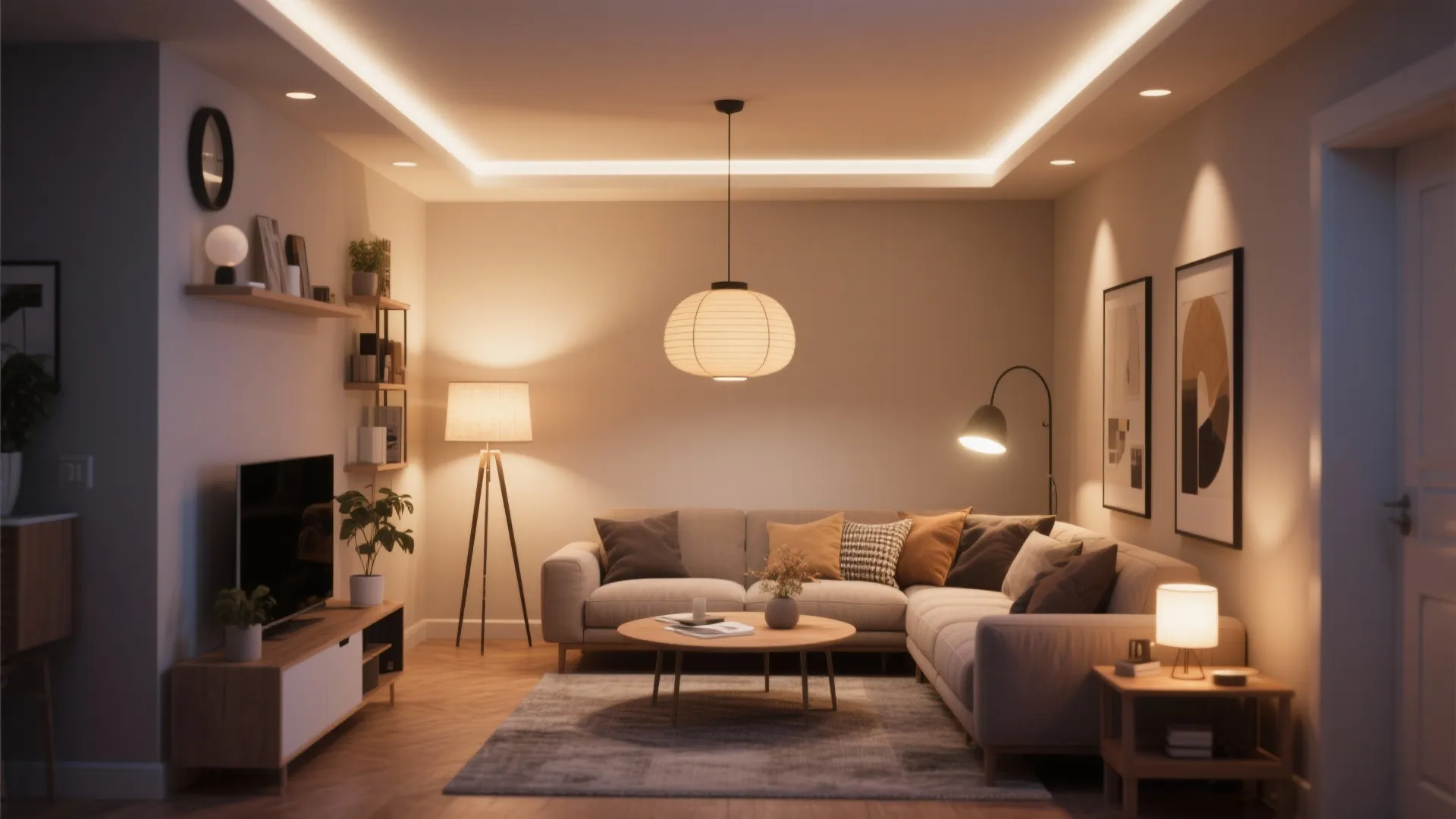 Cozy living room with warm light fixtures ceiling light floor lamp and grey corner sofa set