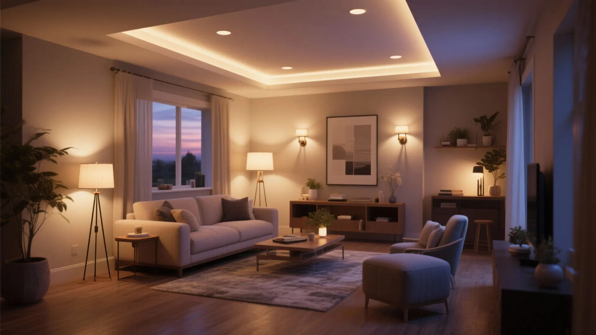 Cozy living room at evening with floor lamps wall lights ceiling lights and soft warm glow