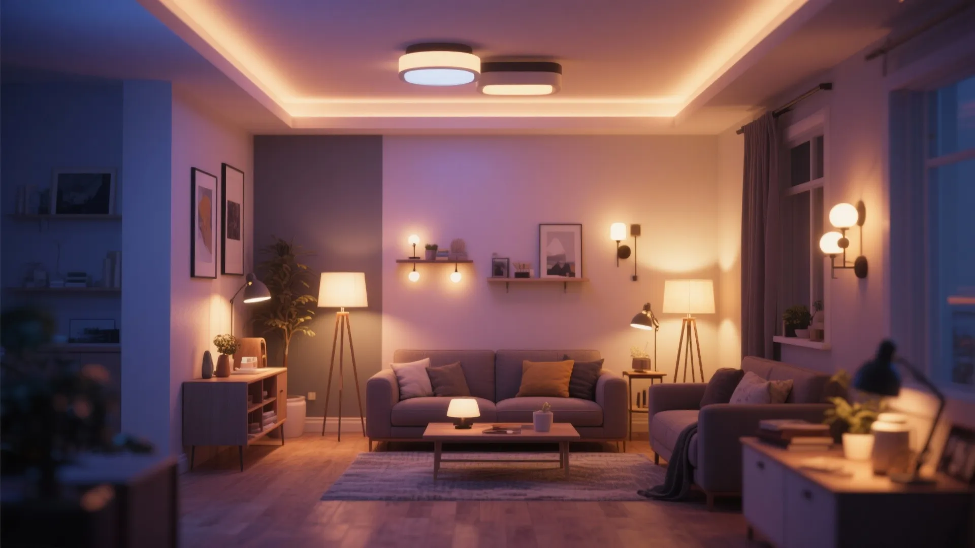 Small living room with warm layered lighting