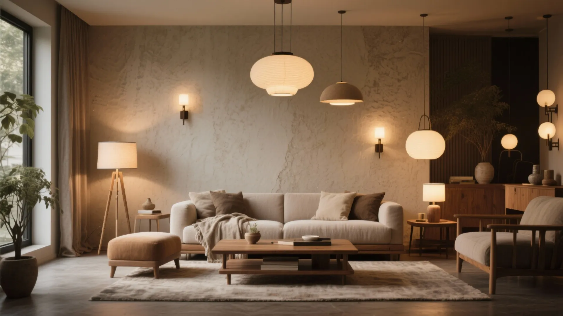 Living room with layered floor lamps, sconces, and pendant lights