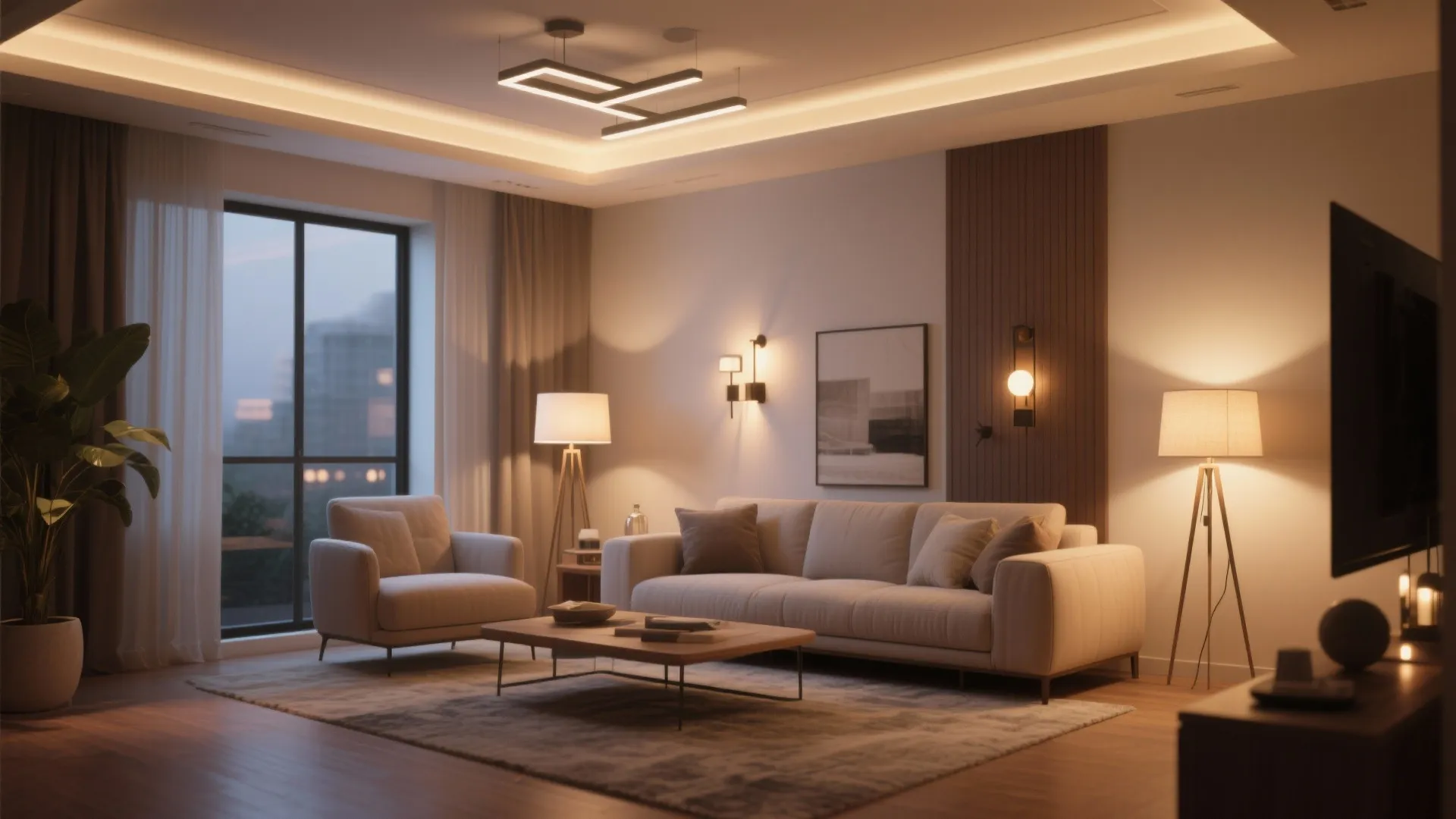 Cozy living room with beige sofa armchair wooden coffee table floor lamp and modern ceiling