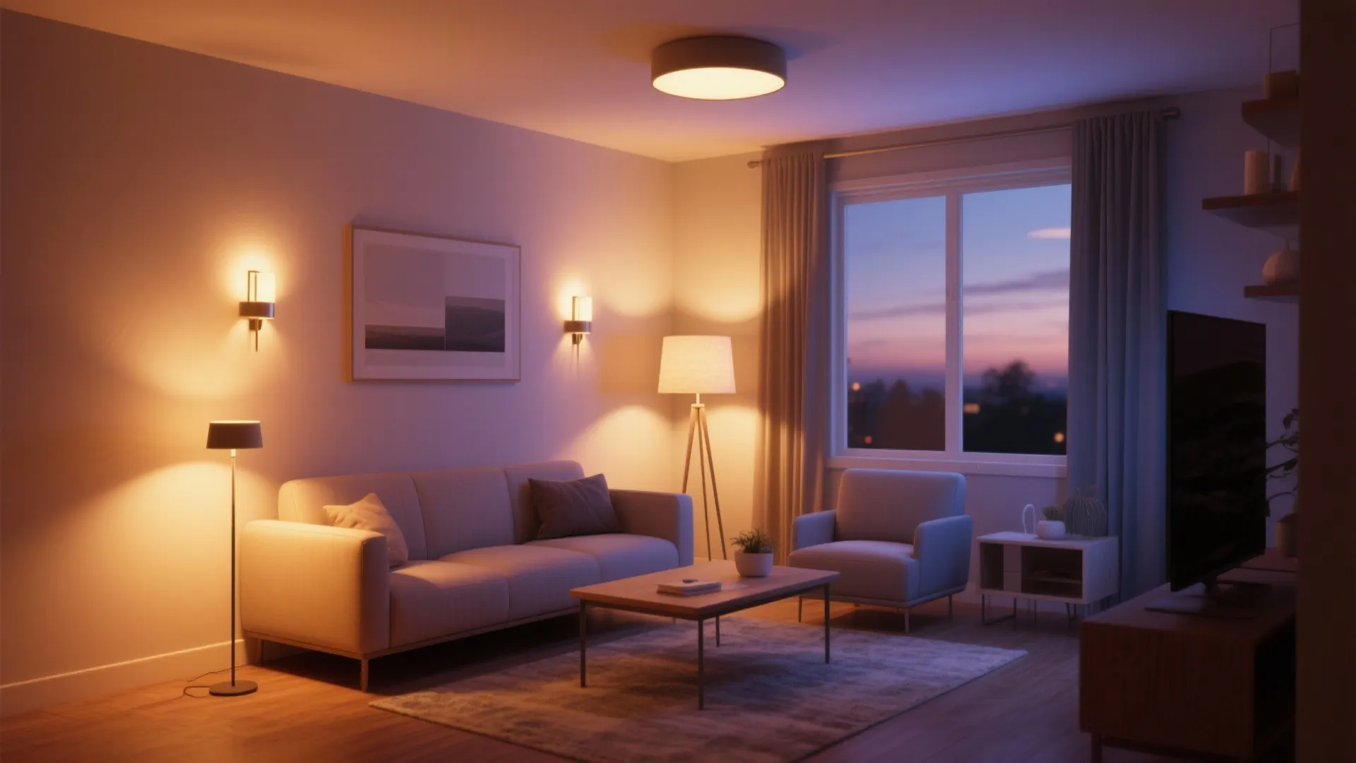 Modern living room with sofa, wall lights, floor lamp, ceiling light, coffee table, and window