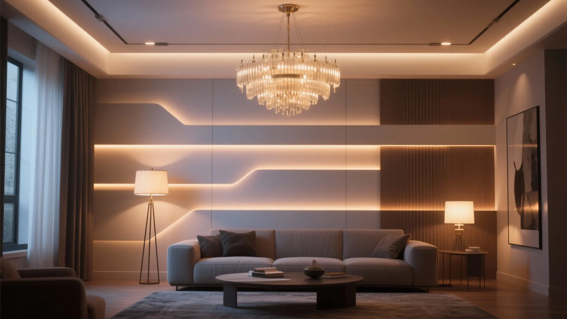 Living room featuring a large crystal ceiling light and hidden wall lighting behind the sofa
