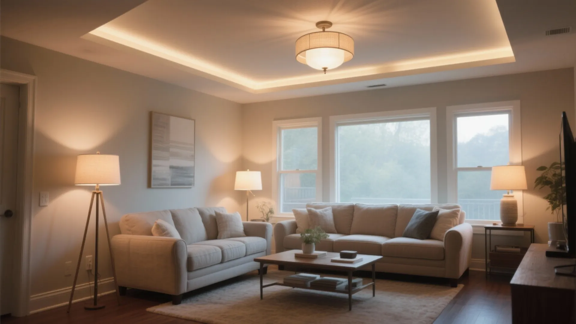 Cozy living room featuring warm ceiling light floor lamps beige sofas and wooden coffee table decor