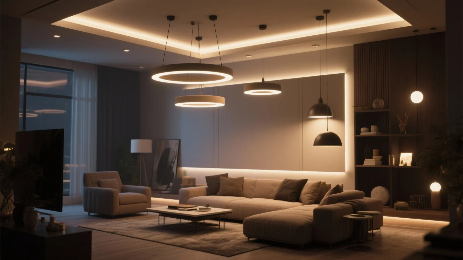 Living room featuring warm layered lighting with several round ceiling lights and a large brown sofa