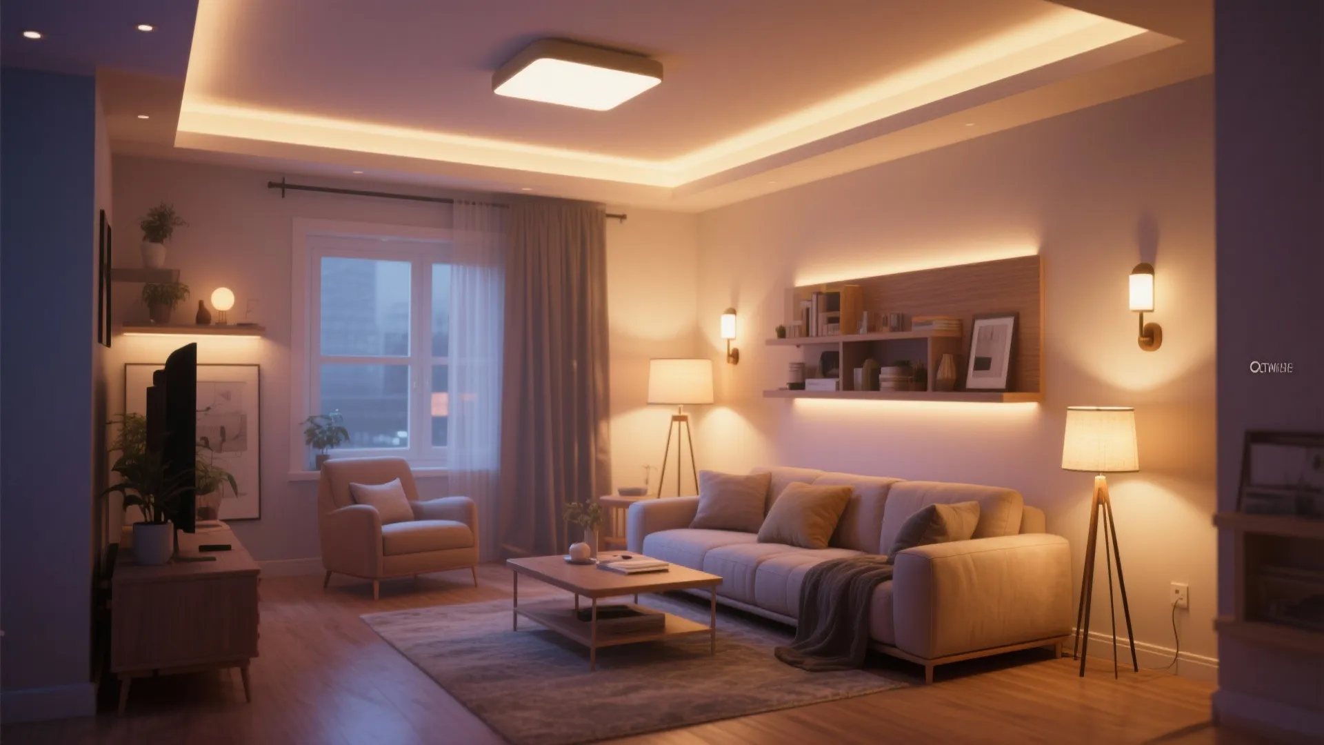Cozy living room featuring layered warm lighting from a ceiling light, wall lights and lamps