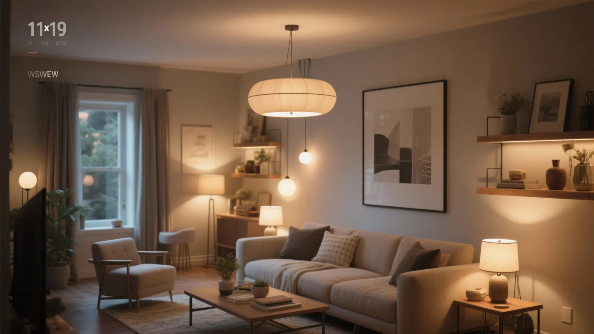 Living room with pendant, task, and shelf lighting setup