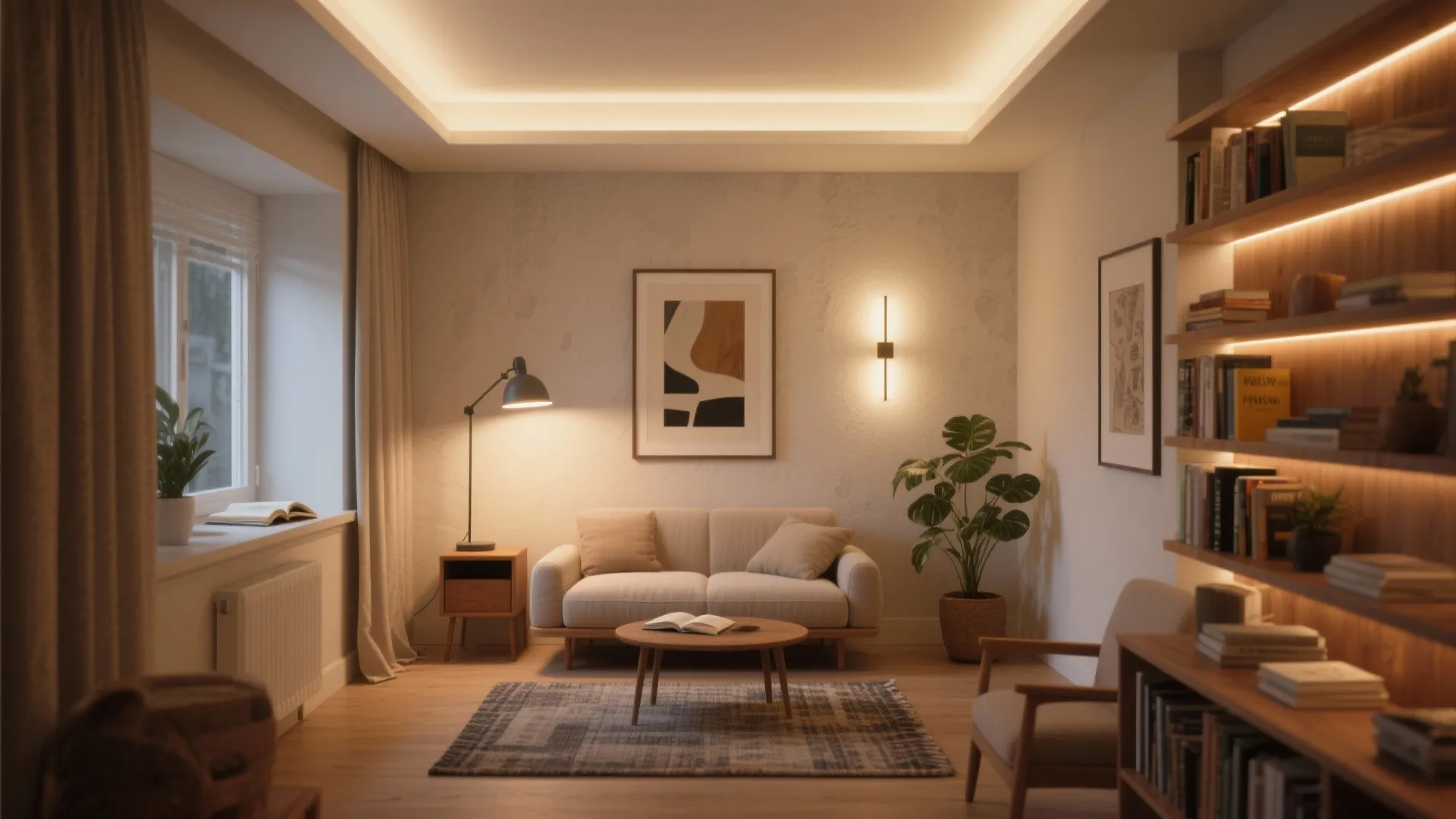 Small living area illustrating ambient, task, and accent lighting layers with warm accents.